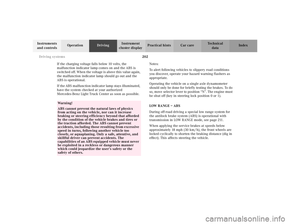 MERCEDES-BENZ ML350 1997 Complete Repair Manual 202 Driving systems
Te ch n ica l
data Instruments
and controlsOperationDrivingInstrument
cluster displayPractical hints Car care Index
If the charging voltage falls below 10 volts, the
malfunction MERCEDES-BENZ ML350 1997 Complete Repair Manual 202 Driving systems
Te ch n ica l
data Instruments
and controlsOperationDrivingInstrument
cluster displayPractical hints Car care Index
If the charging voltage falls below 10 volts, the
malfunction