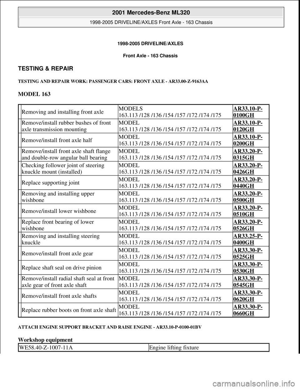 MERCEDES-BENZ ML350 1997  Complete Repair Manual 1998-2005 DRIVELINE/AXLES
Front Axle - 163 Chassis 
TESTING & REPAIR 
TESTING AND REPAIR WORK: PASSENGER CARS: FRONT AXLE - AR33.00-Z-9163AA 
MODEL 163  
ATTACH ENGINE SUPPORT BRACKET AND RAISE ENGINE