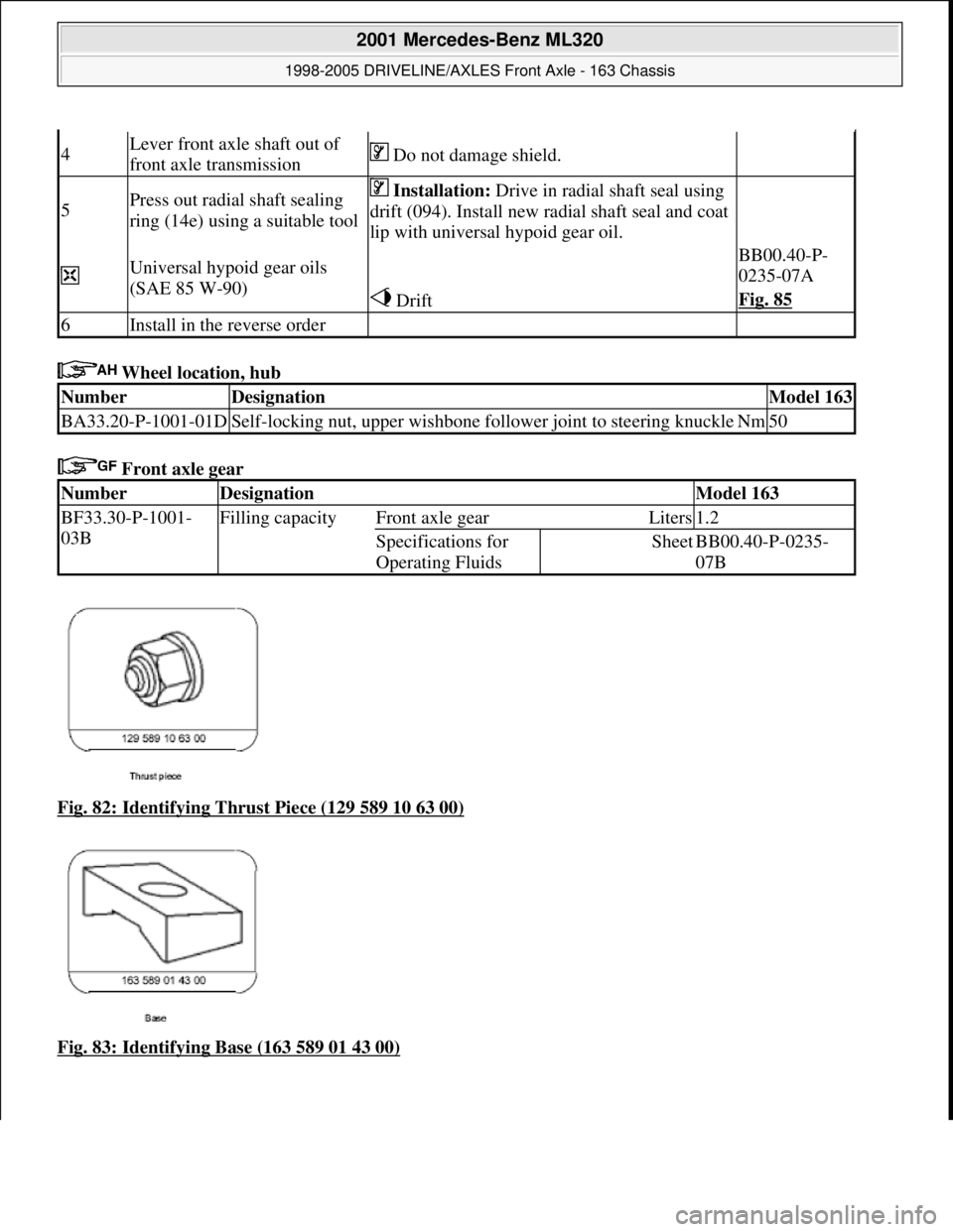 MERCEDES-BENZ ML350 1997  Complete Repair Manual  Wheel location, hub   
 Front axle gear    
Fig. 82: Identifying Thrust Piece (129 589 10 63 00)
  
Fig. 83: Identifying Base (163 589 01 43 00)
4Lever front axle shaft out of  
front axle transmissi