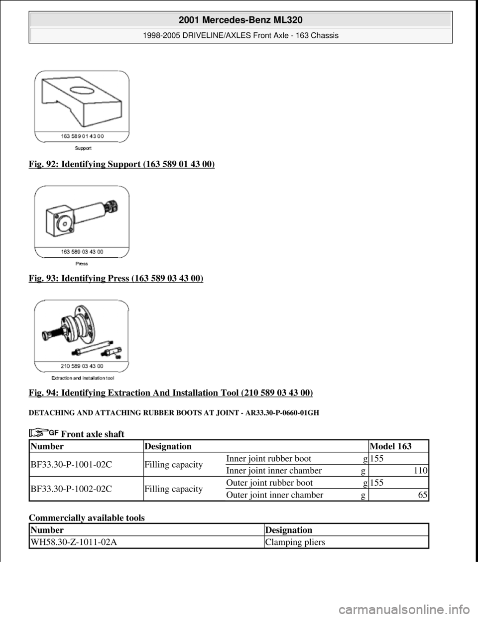 MERCEDES-BENZ ML350 1997  Complete Repair Manual Fig. 92: Identifying Support (163 589 01 43 00)  
Fig. 93: Identifying Press (163 589 03 43 00)
 
Fig. 94: Identifying Extraction A  nd Installation Tool (210 589 03 43 00)
 
DETACHING AND ATTACHING R