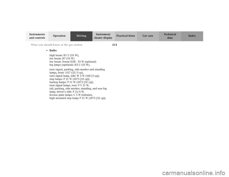 MERCEDES-BENZ ML350 1997  Complete Repair Manual 214 What you should know at the gas station
Te ch n ica l
data Instruments 
and controlsOperationDrivingInstrument 
cluster displayPractical hints Car care Index
•Bulbs
high beam: H1 U (55 W),
low b