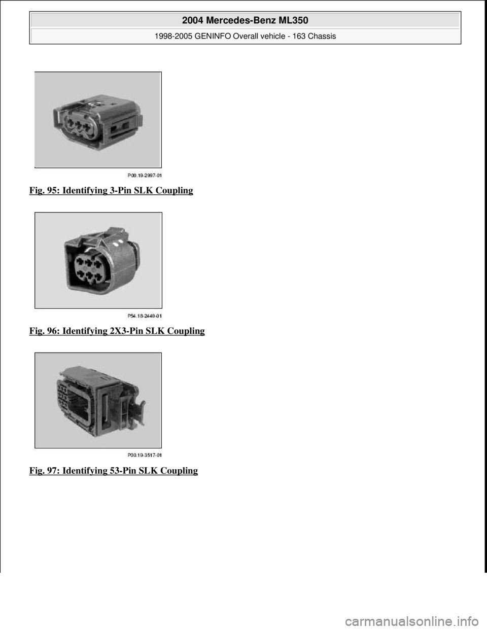MERCEDES-BENZ ML350 1997  Complete Repair Manual Fig. 95: Identifying 3-Pin SLK Coupling  
Fig. 96: Identifying 2X3
-Pin SLK Coupling  
Fig. 97: Identifying 53
-Pin SLK Coupling
 
2004 Mercedes-Benz ML350 
1998-2005 GENINFO Overall vehicle - 163 Cha