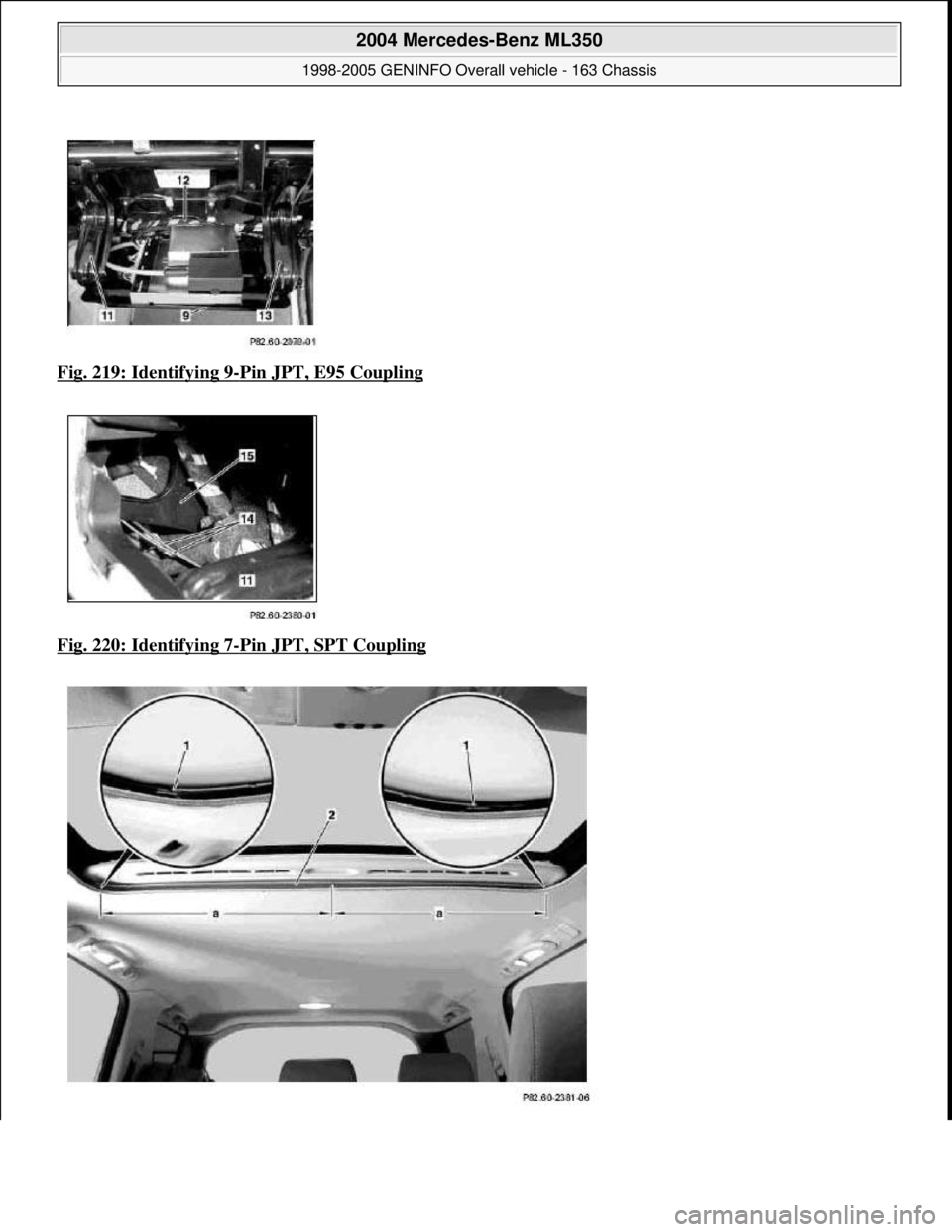 MERCEDES-BENZ ML350 1997  Complete Repair Manual Fig. 219: Identifying 9-Pin JPT, E95 Coupling  
Fig. 220: Identifying 7
-Pin JPT, SPT Coupling 
 
2004 Mercedes-Benz ML350 
1998-2005 GENINFO Overall vehicle - 163 Chassis  
me  
Saturday, October 02,