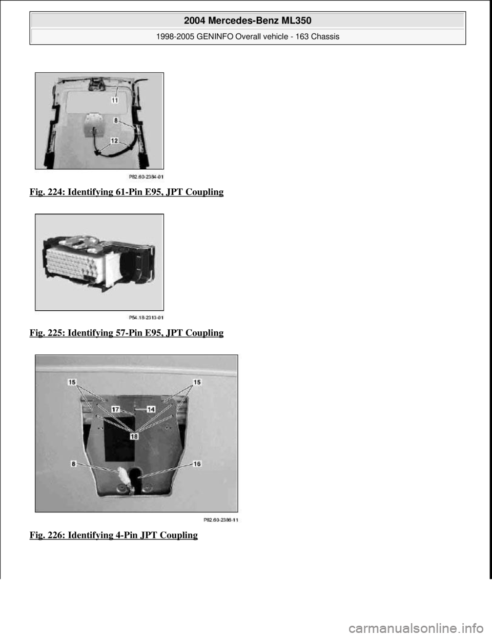 MERCEDES-BENZ ML350 1997  Complete Repair Manual Fig. 224: Identifying 61-Pin E95, JPT Coupling  
Fig. 225: Identifying 57
-Pin E95, JPT Coupling  
Fig. 226: Identifying 4
-Pin JPT Coupling
 
2004 Mercedes-Benz ML350 
1998-2005 GENINFO Overall vehic