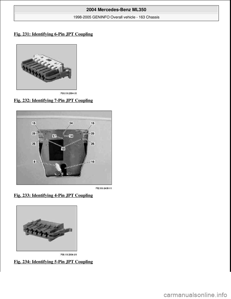 MERCEDES-BENZ ML350 1997  Complete Repair Manual Fig. 231: Identifying 6-Pin JPT Coupling
Fig. 232: Identifying 7-Pin JPT Coupling  
Fig. 233: Identifying 4
-Pin JPT Coupling  
Fig. 234: Identifying 5
-Pin JPT Coupling
 
2004 Mercedes-Benz ML350 
19