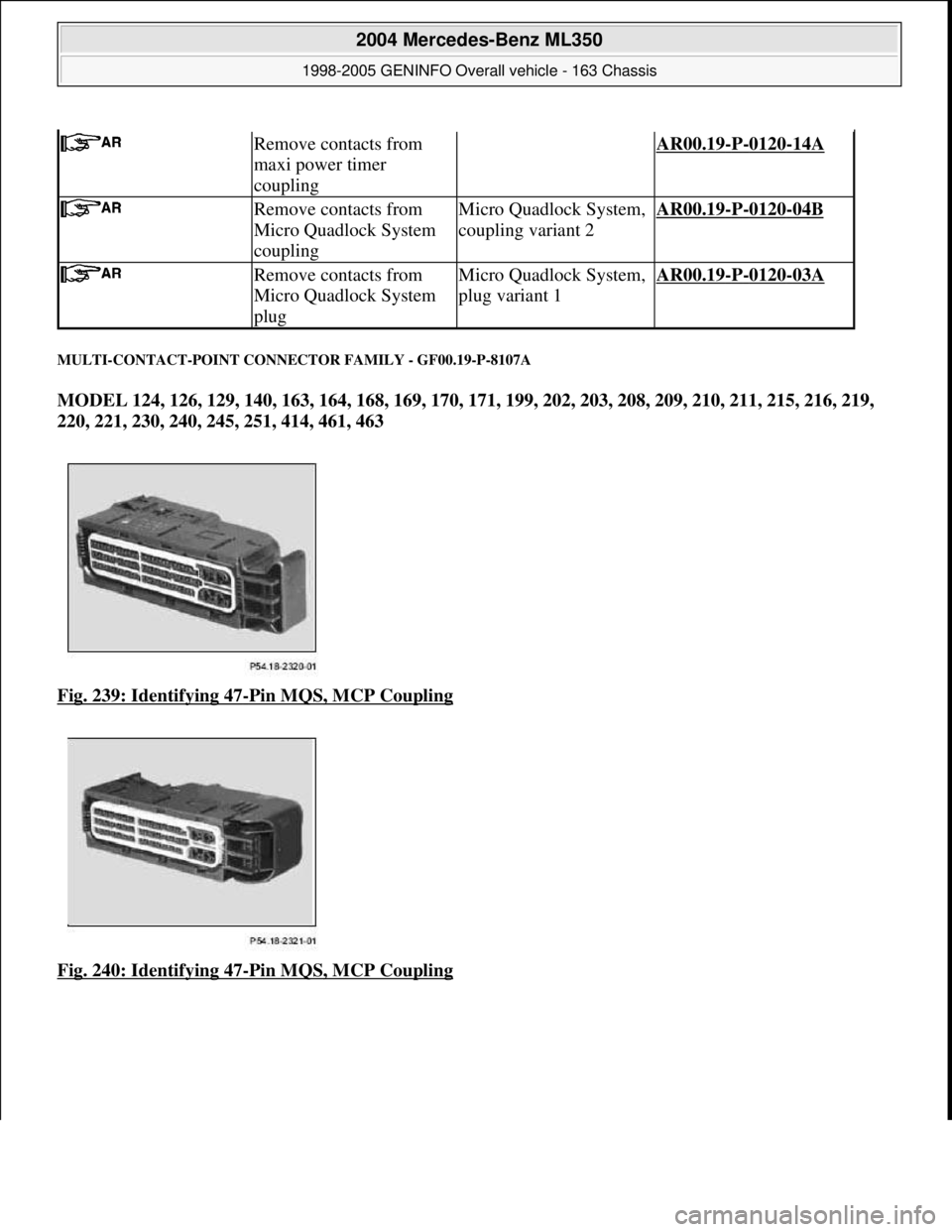 MERCEDES-BENZ ML350 1997  Complete Repair Manual MULTI-CONTACT-POINT  CONNECTOR FAMILY - GF00.19-P-8107A 
MODEL 124, 126, 129, 140, 163, 164, 168, 169, 170, 171, 199, 202, 203, 208, 209, 210, 211, 215, 216, 219,  
220, 221, 230, 240, 245, 251, 414, 