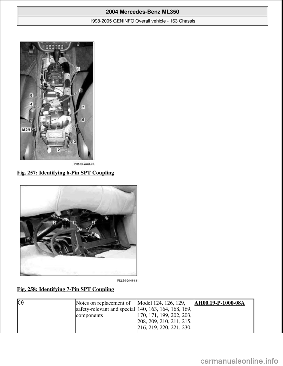 MERCEDES-BENZ ML350 1997  Complete Repair Manual Fig. 257: Identifying 6-Pin SPT Coupling  
Fig. 258: Identifying 7
-Pin SPT Coupling 
 Notes on replacement of  
safety-relevant and special  
componentsModel 124, 126, 129,  
140, 163, 164, 168, 169,