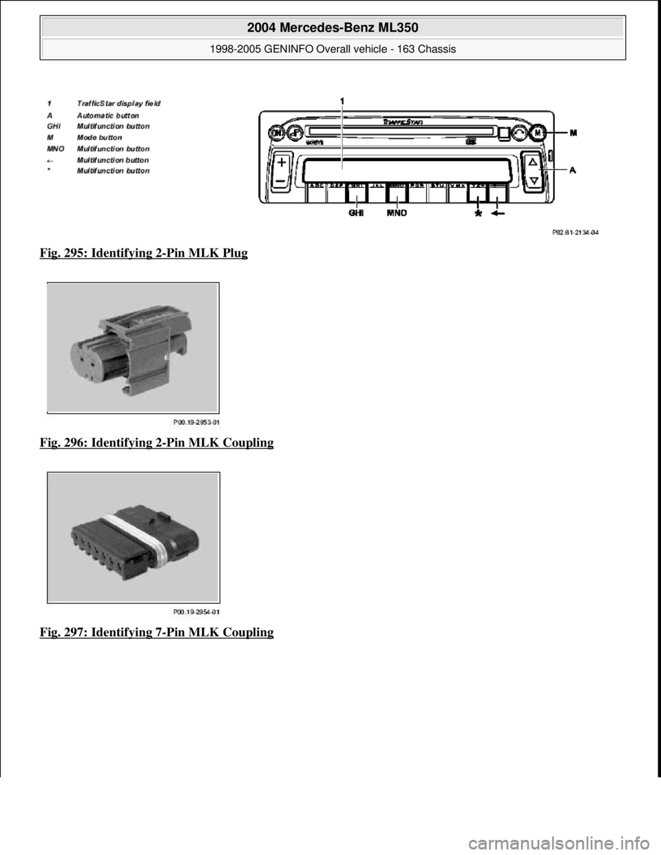 MERCEDES-BENZ ML350 1997  Complete Repair Manual Fig. 295: Identifying 2-Pin MLK Plug  
Fig. 296: Identifying 2
-Pin MLK Coupling  
Fig. 297: Identifying 7
-Pin MLK Coupling
 
2004 Mercedes-Benz ML350 
1998-2005 GENINFO Overall vehicle - 163 Chassis