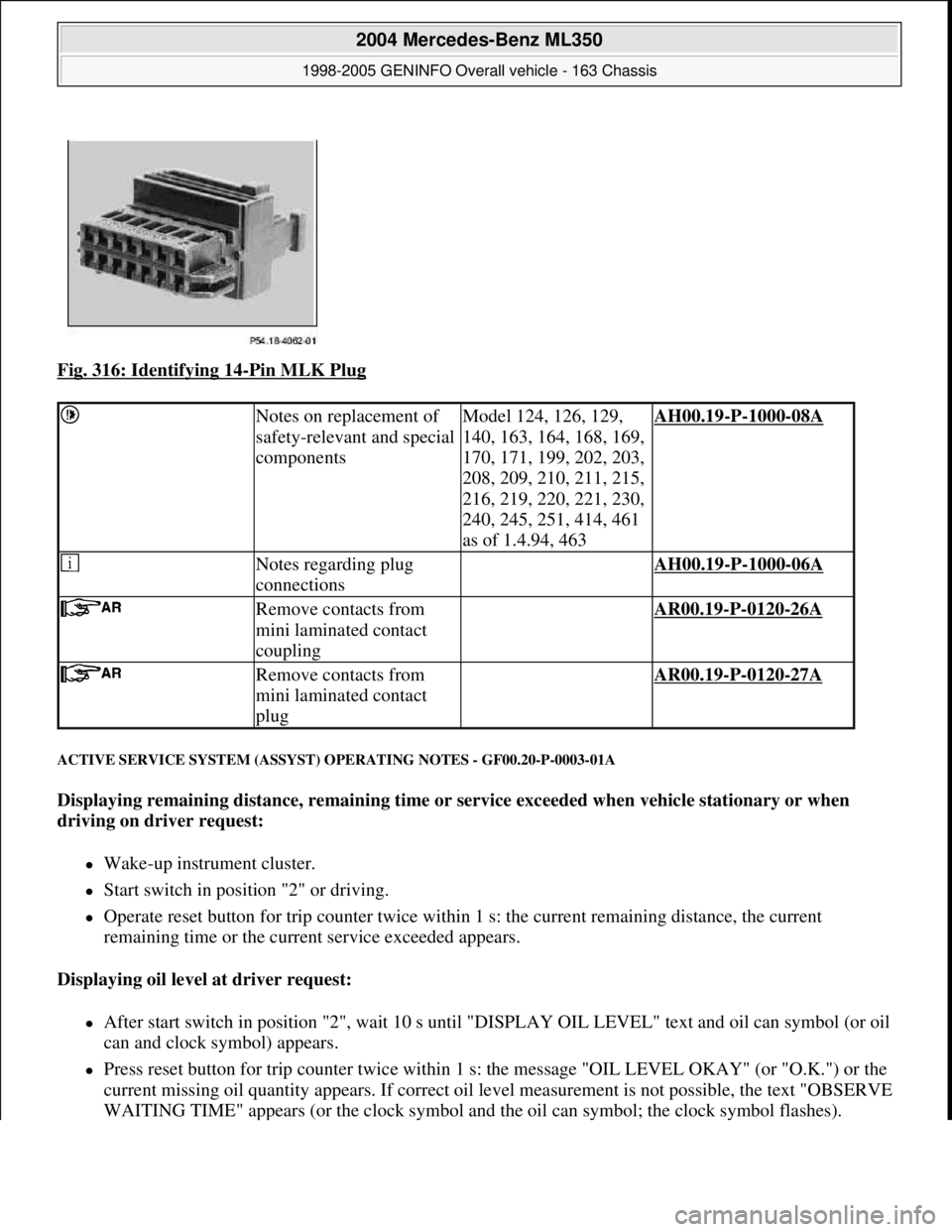 MERCEDES-BENZ ML350 1997 Complete Repair Manual Fig. 316: Identifying 14-Pin MLK Plug
ACTIVE SERVICE SYSTEM (ASSYST) OPERATING NOTES - GF00.20-P-0003-01A
Displaying remaining distance, remaining time or service exceeded when vehicle stationary or MERCEDES-BENZ ML350 1997 Complete Repair Manual Fig. 316: Identifying 14-Pin MLK Plug
ACTIVE SERVICE SYSTEM (ASSYST) OPERATING NOTES - GF00.20-P-0003-01A
Displaying remaining distance, remaining time or service exceeded when vehicle stationary or