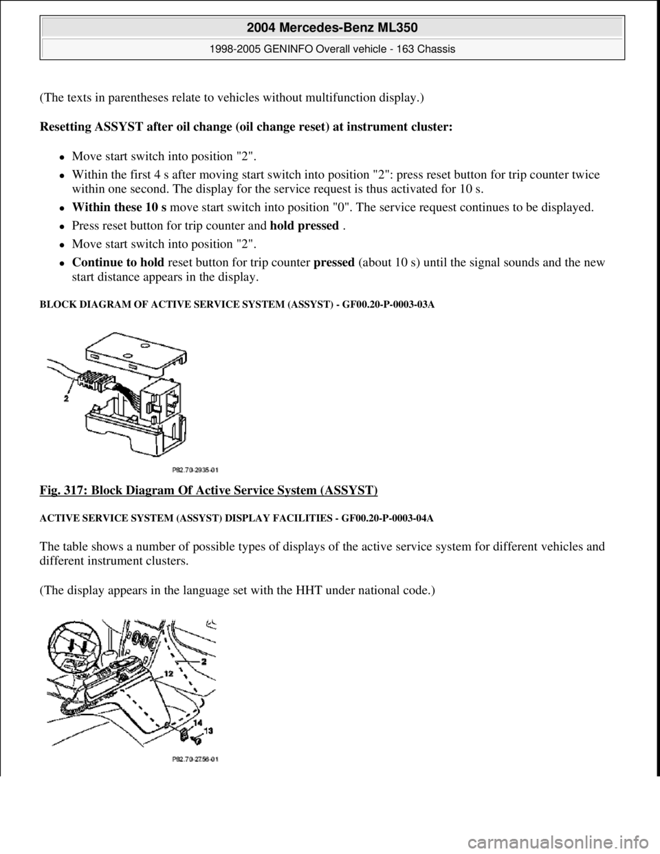 MERCEDES-BENZ ML350 1997 Complete Repair Manual (The texts in parentheses relate to vehicles without multifunction display.)
Resetting ASSYST after oil change (oil change reset) at instrument cluster:
Move start switch into position "2". MERCEDES-BENZ ML350 1997 Complete Repair Manual (The texts in parentheses relate to vehicles without multifunction display.)
Resetting ASSYST after oil change (oil change reset) at instrument cluster:
Move start switch into position "2".