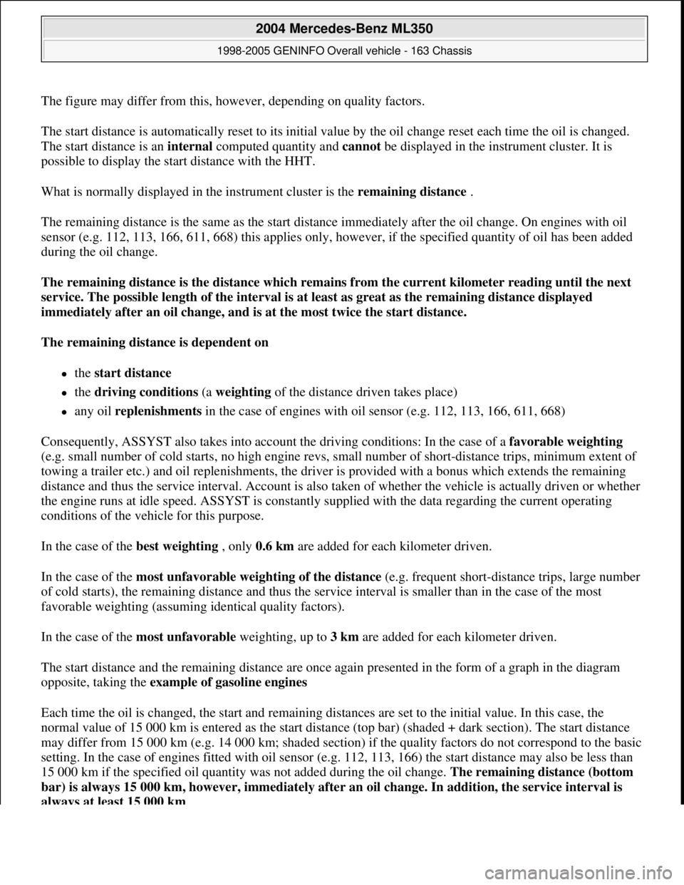 MERCEDES-BENZ ML350 1997 Complete Repair Manual The figure may differ from this, however, depending on quality factors.
The start distance is automatically reset to its initial value by the oil change reset each time the oil is changed.
The start MERCEDES-BENZ ML350 1997 Complete Repair Manual The figure may differ from this, however, depending on quality factors.
The start distance is automatically reset to its initial value by the oil change reset each time the oil is changed.
The start