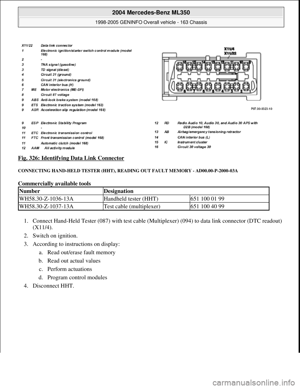 MERCEDES-BENZ ML350 1997 Complete Repair Manual Fig. 326: Identifying Data Link Connector
CONNECTING HAND-HELD TESTER (HHT), READING OUT FAULT MEMORY - AD00.00-P-2000-03A
Commercially available tools
1. Connect Hand-Held Tester (087) with test c MERCEDES-BENZ ML350 1997 Complete Repair Manual Fig. 326: Identifying Data Link Connector
CONNECTING HAND-HELD TESTER (HHT), READING OUT FAULT MEMORY - AD00.00-P-2000-03A
Commercially available tools
1. Connect Hand-Held Tester (087) with test c