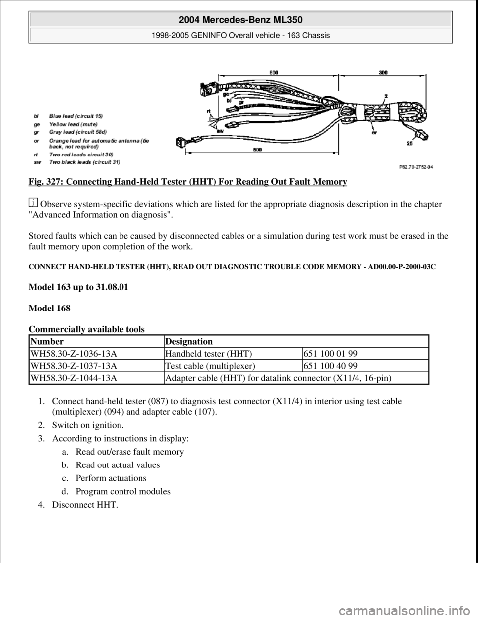 MERCEDES-BENZ ML350 1997 Complete Repair Manual Fig. 327: Connecting Hand-Held Tester (HHT) For Reading Out Fault Memory
Observe system-specific deviations which are listed for the appropriate diagnosis description in the chapter
"Advanced Infor MERCEDES-BENZ ML350 1997 Complete Repair Manual Fig. 327: Connecting Hand-Held Tester (HHT) For Reading Out Fault Memory
Observe system-specific deviations which are listed for the appropriate diagnosis description in the chapter
"Advanced Infor