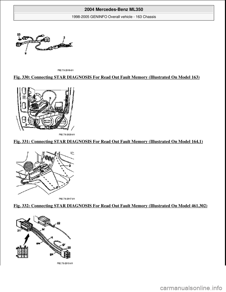 MERCEDES-BENZ ML350 1997 Complete Repair Manual Fig. 330: Connecting STAR DIAGNO SIS For Read Out Fault Memory (Illustrated On Model 163)
Fig. 331: Connecting STAR DIAGNO SIS For Read Out Fault Memory (Illustrated On Model 164.1)
Fig. 332: Co MERCEDES-BENZ ML350 1997 Complete Repair Manual Fig. 330: Connecting STAR DIAGNO SIS For Read Out Fault Memory (Illustrated On Model 163)
Fig. 331: Connecting STAR DIAGNO SIS For Read Out Fault Memory (Illustrated On Model 164.1)
Fig. 332: Co