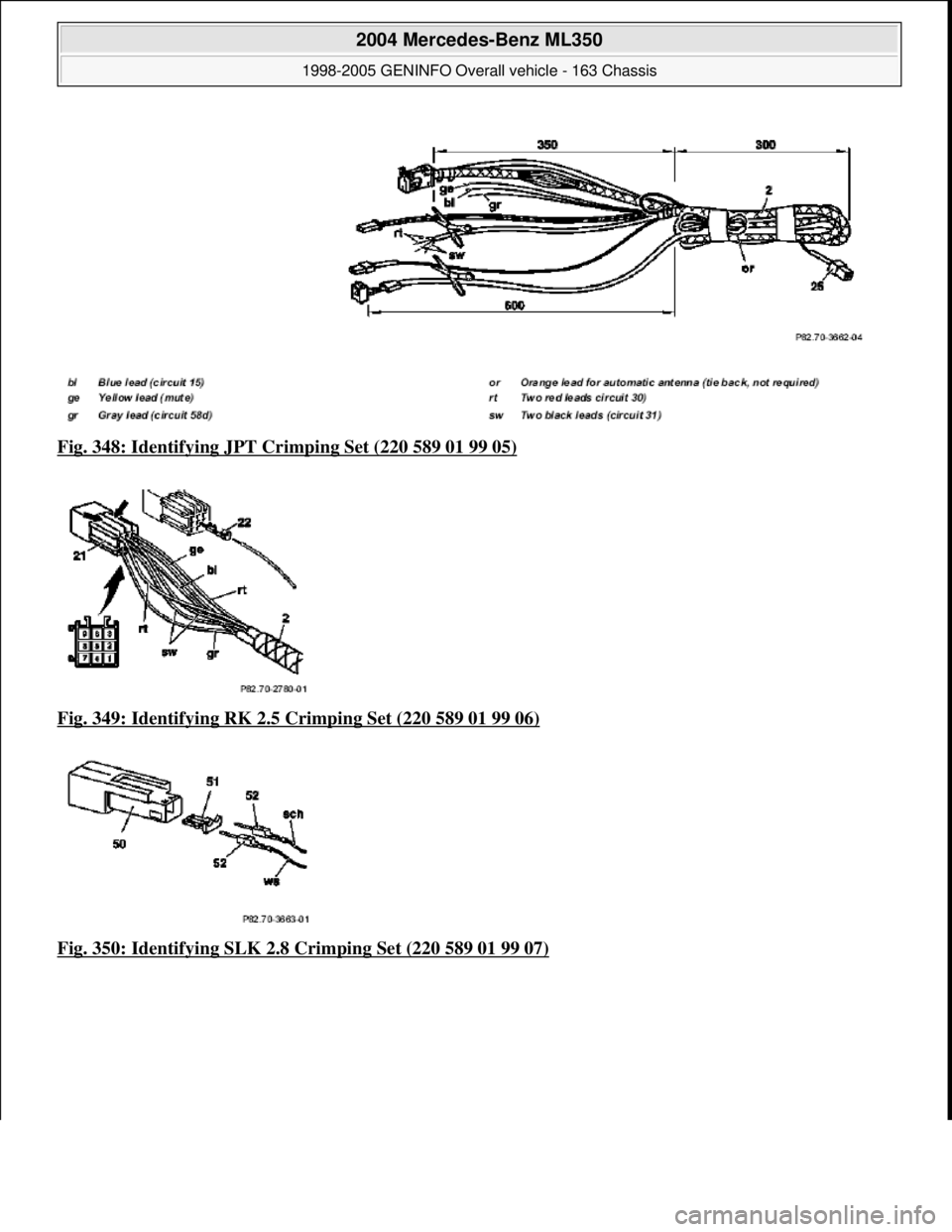 MERCEDES-BENZ ML350 1997  Complete Repair Manual Fig. 348: Identifying JPT Cr imping Set (220 589 01 99 05)  
Fig. 349: Identifying RK 2.5 Crimping Set (220 589 01 99 06)
  
Fig. 350: Identifying SLK 2.8   Crimping Set (220 589 01 99 07)
 
2004 Merc