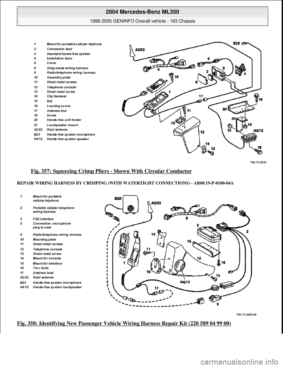 MERCEDES-BENZ ML350 1997  Complete Repair Manual Fig. 357: Squeezing Crimp Pliers - Shown With Circular Conductor 
REPAIR WIRING HARNESS BY CRIMPING (WITH WATERTIGHT CONNECTIONS) - AR00.19-P-0100-04A 
Fig. 358: Identifying New Passenger Vehicle Wiri