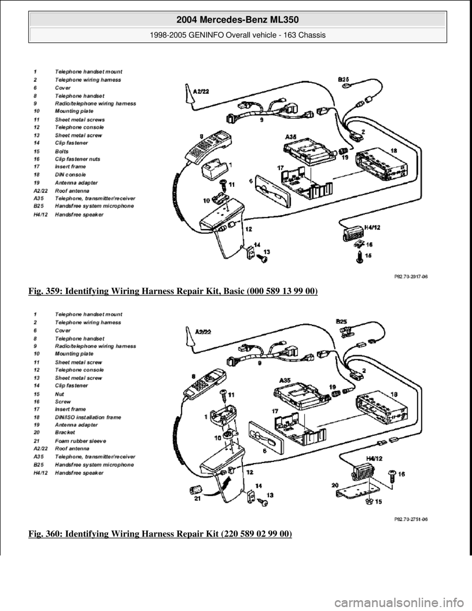 MERCEDES-BENZ ML350 1997  Complete Repair Manual Fig. 359: Identifying Wiring Harness  Repair Kit, Basic (000 589 13 99 00)  
Fig. 360: Identifying Wiring Ha  rness Repair Kit (220 589 02 99 00)
 
2004 Mercedes-Benz ML350 
1998-2005 GENINFO Overall 