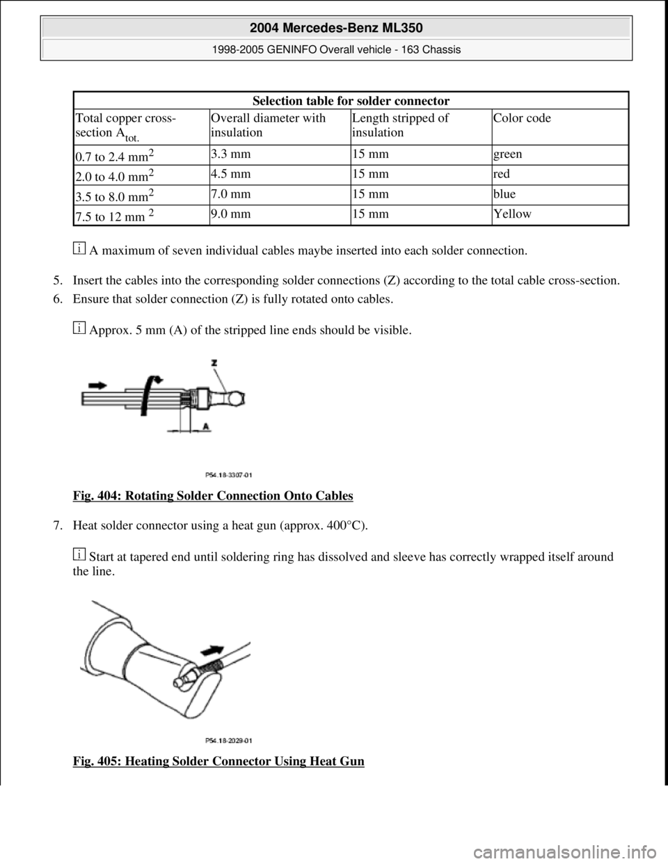 MERCEDES-BENZ ML350 1997  Complete Repair Manual  A maximum of seven individual cables maybe inserted into each solder connection. 
5. Insert the cables into the corresponding solder connections (Z) according to the total cable cross-section.  
6. E