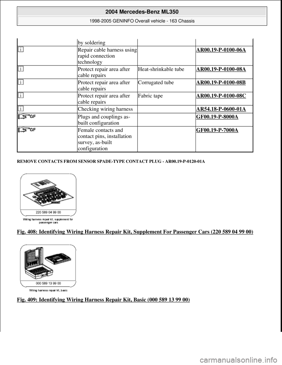 MERCEDES-BENZ ML350 1997  Complete Repair Manual REMOVE CONTACTS FROM SENSOR SPADE- TYPE CONTACT PLUG - AR00.19-P-0120-01A 
Fig. 408: Identifying Wiring Harness Repair Kit, Supplement Fo r Passenger Cars (220 589 04 99 00)  
Fig. 409: Identifying Wi