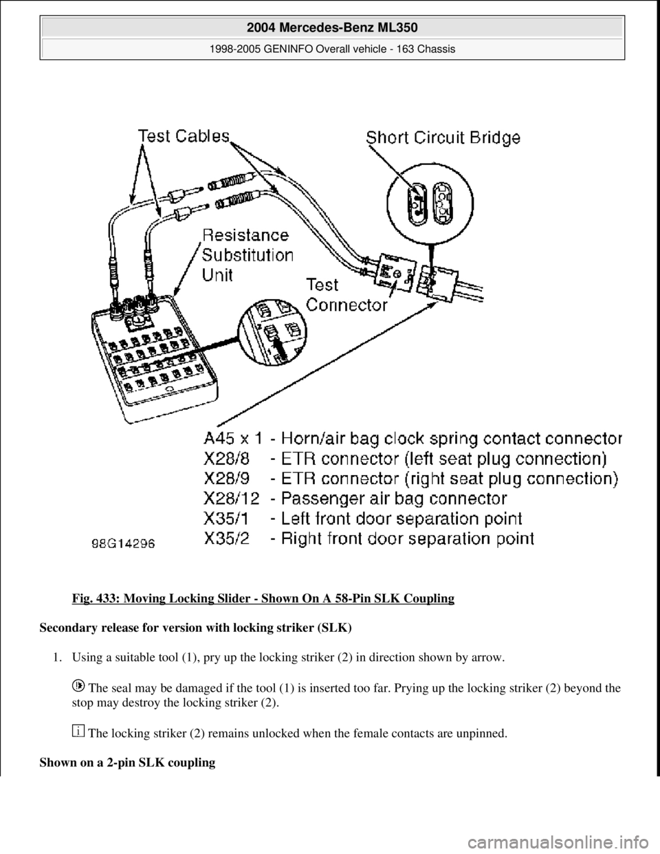 MERCEDES-BENZ ML350 1997  Complete Repair Manual Fig. 433: Moving Locking Slider - Shown On A 58-Pin SLK Coupling 
Secondary release for version with locking striker (SLK)  
1. Using a suitable tool (1), pry up the locking striker (2) in direction s