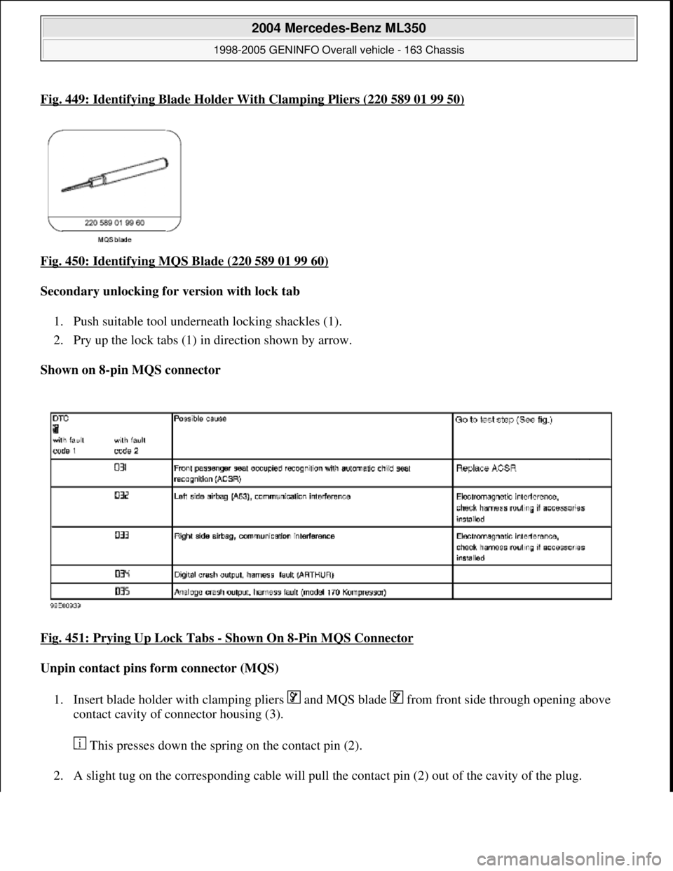 MERCEDES-BENZ ML350 1997  Complete Repair Manual Fig. 449: Identifying Blade Holder With Clamping Pliers (220 589 01 99 50)
Fig. 450: Identifying MQS Blade (220 589 01 99 60)  
Secondary unlocking for version with lock tab     
1. Push suitable tool