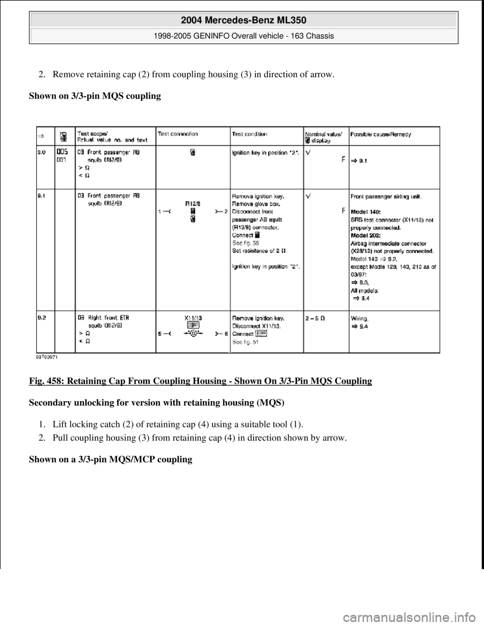 MERCEDES-BENZ ML350 1997  Complete Repair Manual 2. Remove retaining cap (2) from coupli ng housing (3) in direction of arrow.   
Shown on 3/3-pin MQS coupling     
Fig. 458: Retaining Cap From Coupling Housing 
- Shown On 3/3-Pin MQS Coupling  
Sec