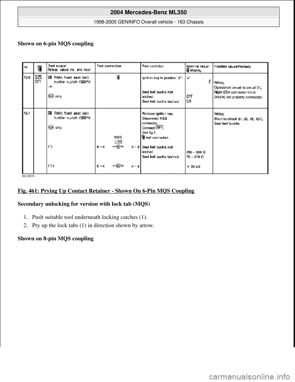 MERCEDES-BENZ ML350 1997  Complete Repair Manual Shown on 6-pin MQS coupling   
Fig. 461: Prying Up Contact Retainer 
- Shown On 6-Pin MQS Coupling  
Secondary unlocking for version with lock tab (MQS)     
1. Push suitable tool undern  eath locking