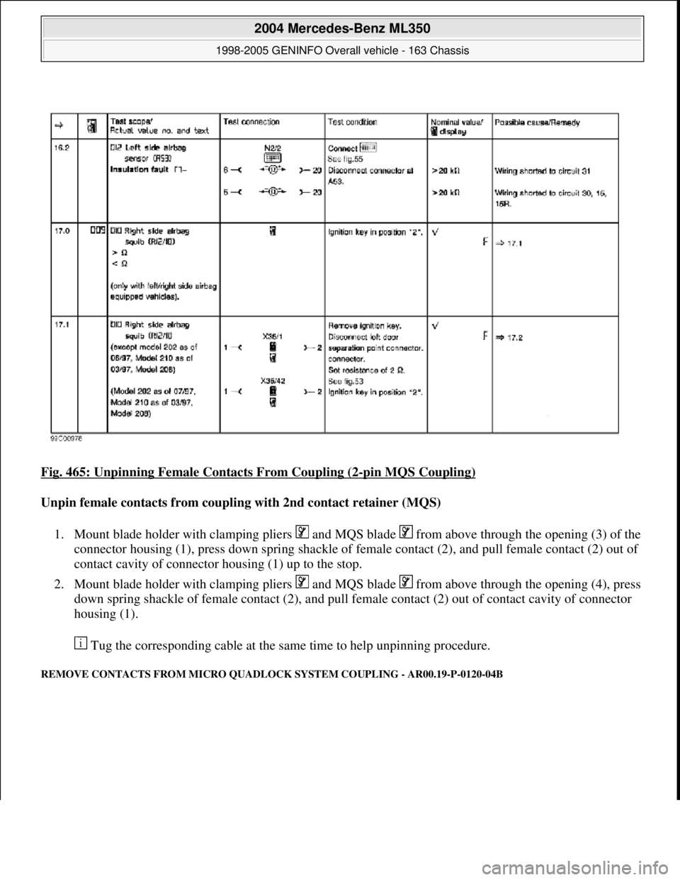 MERCEDES-BENZ ML350 1997  Complete Repair Manual Fig. 465: Unpinning Female  Contacts From Coupling (2-pin MQS Coupling)  
Unpin female contacts from couplin  g with 2nd contact retainer (MQS)   
1. Mount blade holder with clamping   pliers   and MQ