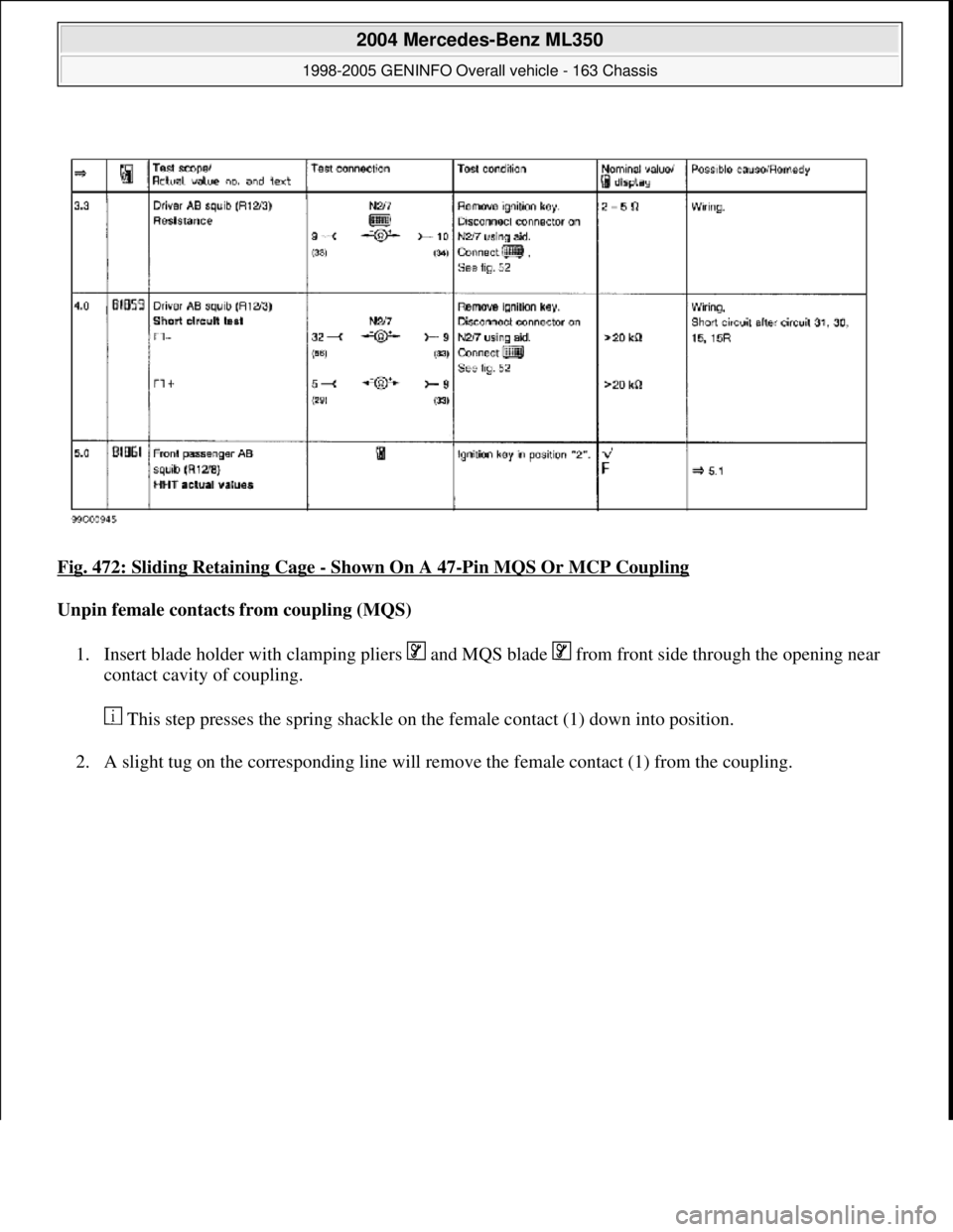 MERCEDES-BENZ ML350 1997  Complete Repair Manual Fig. 472: Sliding Retaining Cage - Shown On A 47-Pin MQS Or MCP Coupling  
Unpin female contacts   from coupling (MQS)   
1. Insert blade holder with clampi  ng pliers   and MQS blade   from  front si
