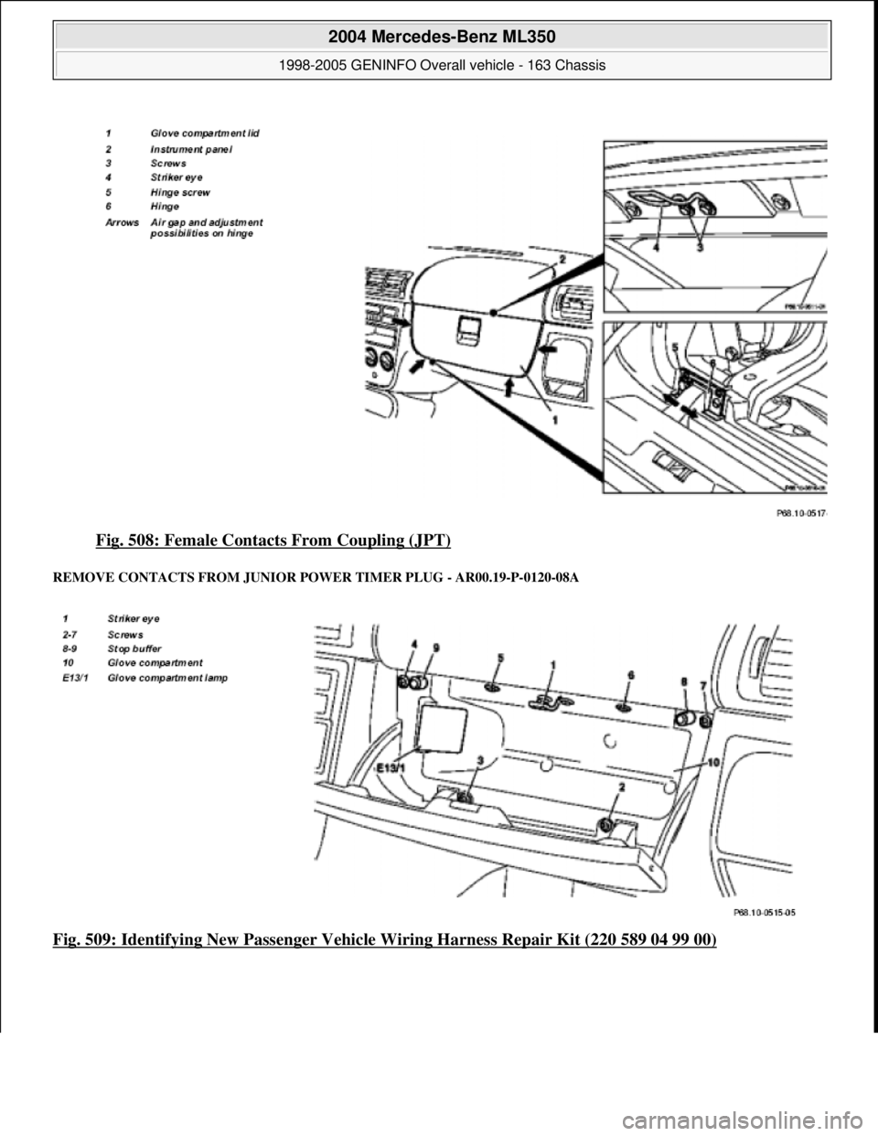 MERCEDES-BENZ ML350 1997  Complete Repair Manual Fig. 508: Female Contacts From Coupling (JPT) 
REMOVE CONTACTS FROM JUNIOR POWER TIMER PLUG - AR00.19-P-0120-08A 
Fig. 509: Identifying New Passenger Vehicle Wiring Harness Repair Kit (220 589 04 99 0