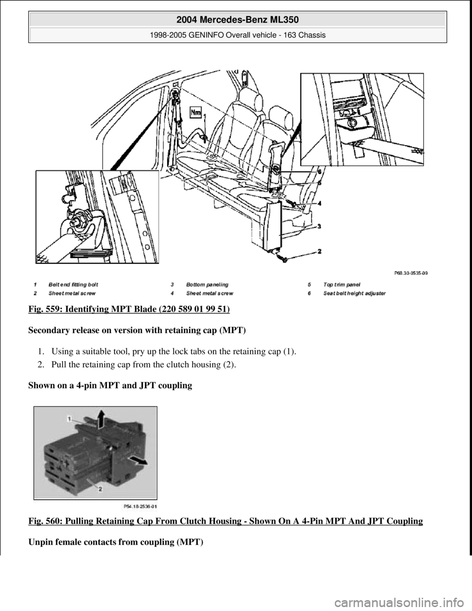 MERCEDES-BENZ ML350 1997  Complete Repair Manual Fig. 559: Identifying MPT Blade (220 589 01 99 51)  
Secondary release on version with retaining cap (MPT)     
1. Using a suitable tool, pry up the lo  ck tabs on the retaining cap (1).   
2. Pull th