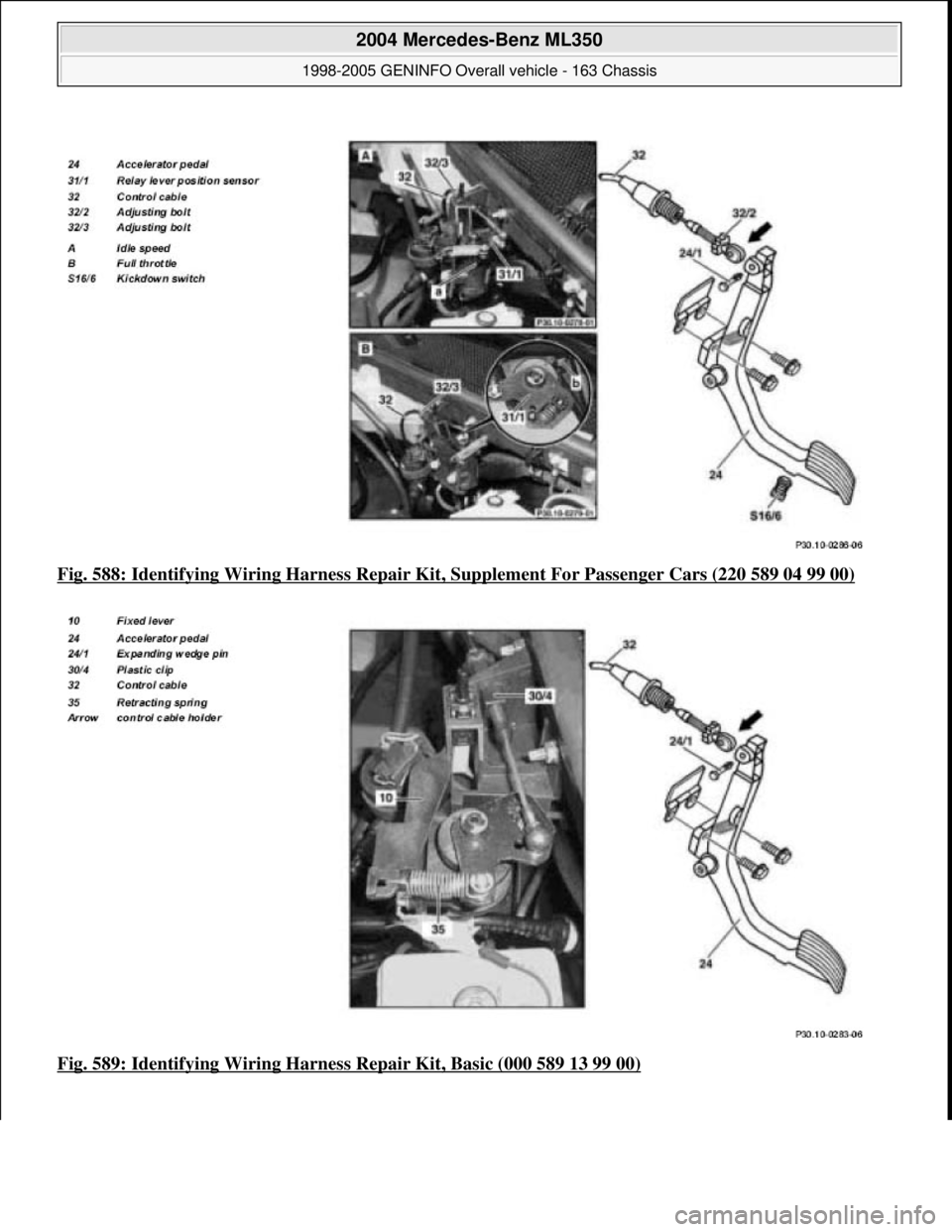 MERCEDES-BENZ ML350 1997  Complete Repair Manual Fig. 588: Identifying Wiring Ha rness Repair Kit, Supplement Fo r Passenger Cars (220 589 04 99 00)  
Fig. 589: Identifying Wiring Harness   Repair Kit, Basic (000 589 13 99 00)
 
2004 Mercedes-Benz M