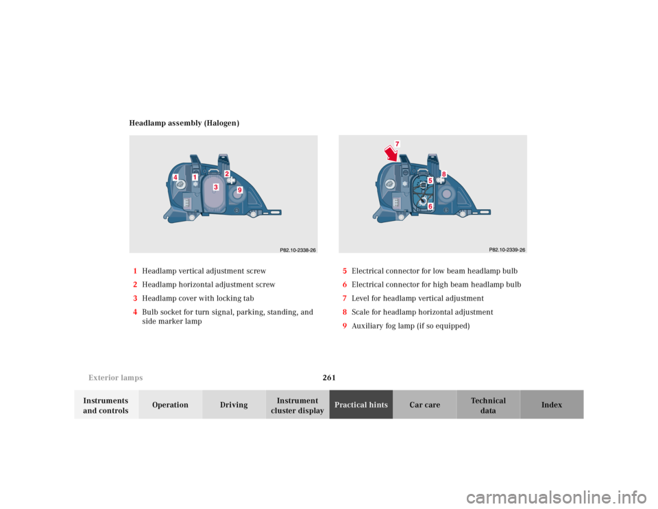 MERCEDES-BENZ ML350 1997  Complete Repair Manual 261 Exterior lamps
Te ch n ica l
data Instruments 
and controlsOperation DrivingInstrument 
cluster displayPractical hintsCar care Index Headlamp assembly (Halogen)
1Headlamp vertical adjustment screw