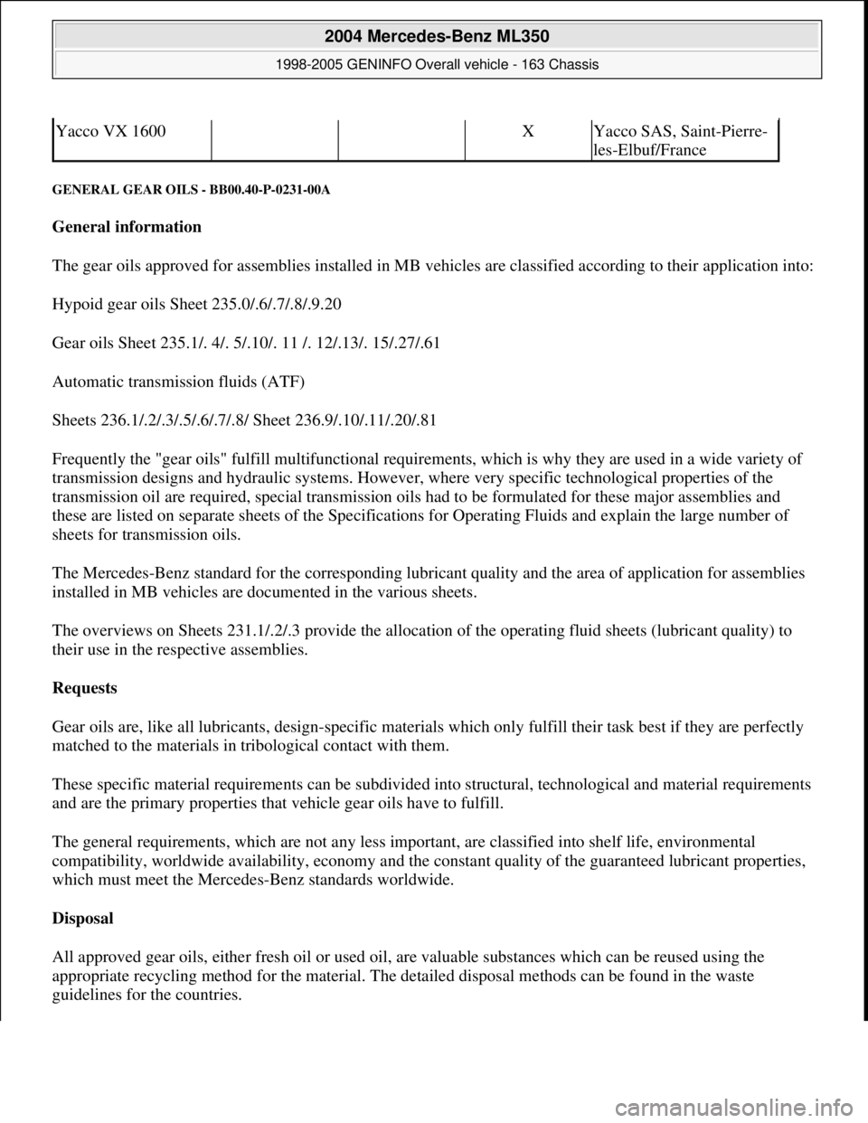 MERCEDES-BENZ ML350 1997  Complete Repair Manual GENERAL GEAR OILS - BB00.40-P-0231-00A 
General information  
The gear oils approved for assemblies installed in MB vehicles are classified according to their application into:
Hypoid gear oils Sheet 