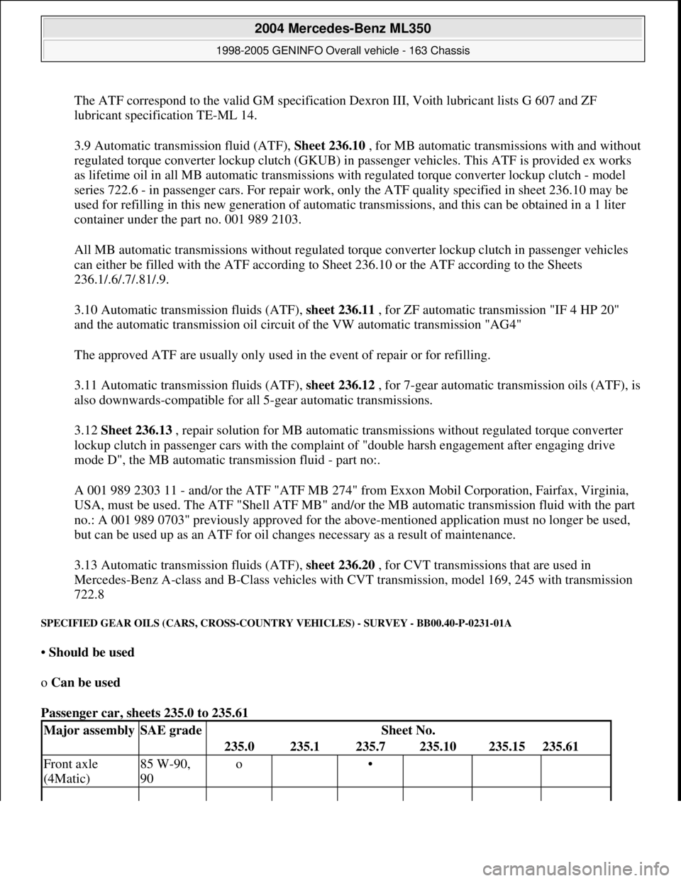 MERCEDES-BENZ ML350 1997  Complete Repair Manual The ATF correspond to the valid GM specification Dexron III, Voith lubricant lists G 607 and ZF 
lubricant specification TE-ML 14. 
3.9 Automatic transmission fluid (ATF), Sheet 236.10, for MB automat