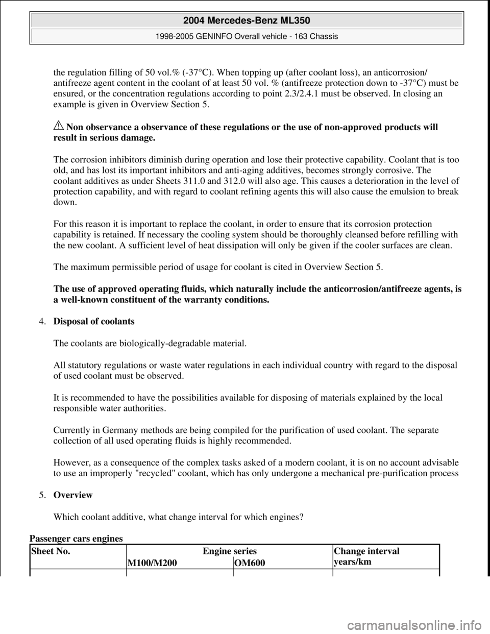 MERCEDES-BENZ ML350 1997 Complete Repair Manual the regulation filling of 50 vol.% (-37°C). When topping up (after coolant loss), an anticorrosion/
antifreeze agent content in the coolant of at least 50 vol. % (antifreeze protection down to -37° MERCEDES-BENZ ML350 1997 Complete Repair Manual the regulation filling of 50 vol.% (-37°C). When topping up (after coolant loss), an anticorrosion/
antifreeze agent content in the coolant of at least 50 vol. % (antifreeze protection down to -37°