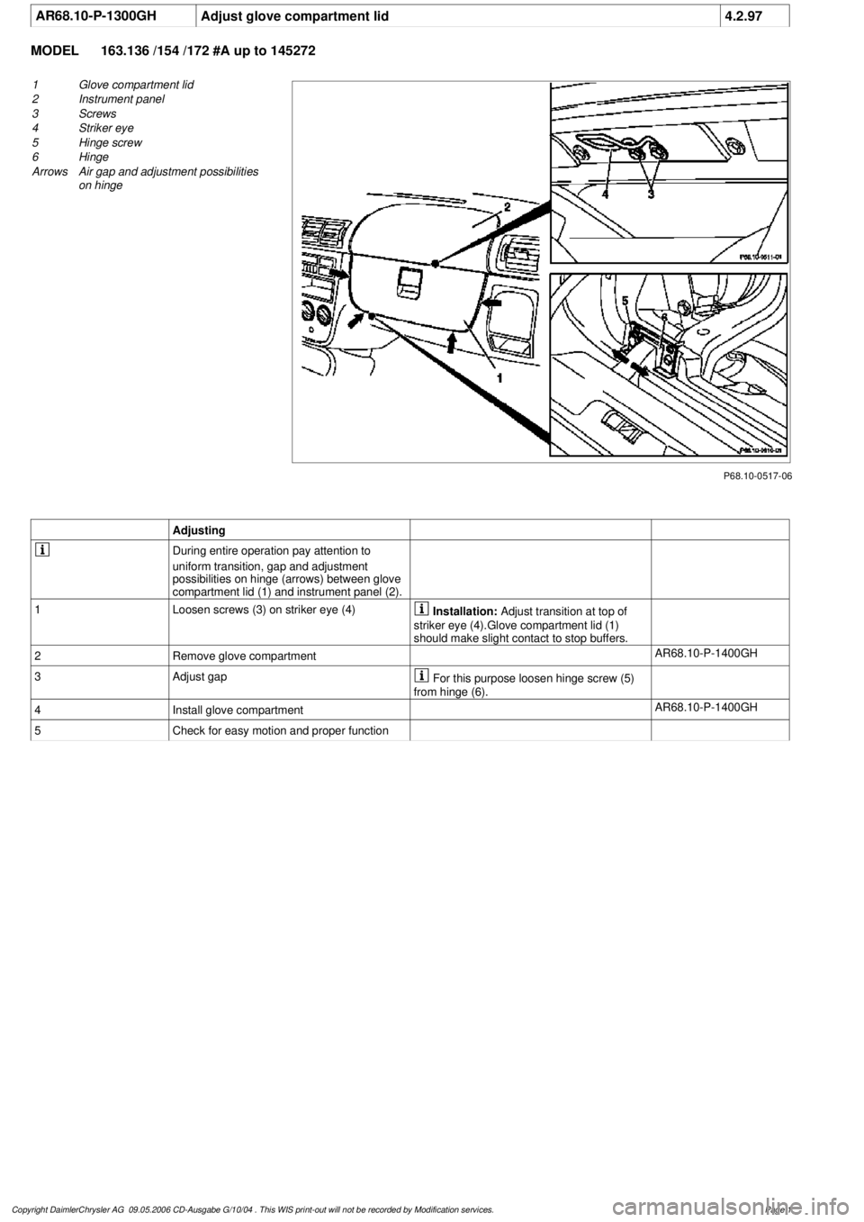 MERCEDES-BENZ ML350 1997 Complete Repair Manual
AR68.10-P-1300GH
Adjust glove compartment lid
4.2.97
MODEL
163.136 /154 /172 #A up to 145272
P68.10-0517-06
1
Glove compartment lid
2
Instrument panel
3
Screws
4
Striker eye
5
Hinge scre MERCEDES-BENZ ML350 1997 Complete Repair Manual
AR68.10-P-1300GH
Adjust glove compartment lid
4.2.97
MODEL
163.136 /154 /172 #A up to 145272
P68.10-0517-06
1
Glove compartment lid
2
Instrument panel
3
Screws
4
Striker eye
5
Hinge scre