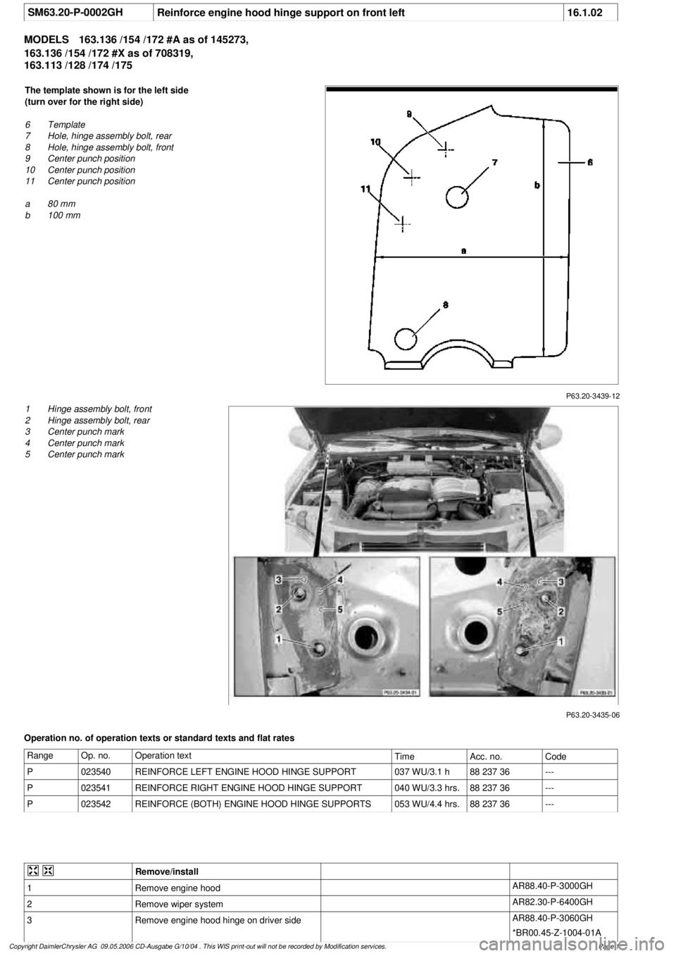 MERCEDES-BENZ ML350 1997 Complete Repair Manual
SM63.20-P-0002GH
Reinforce engine hood hinge support on front left
16.1.02
MODELS
163.136 /154 /172 #A as of 145273,
163.136 /154 /172 #X as of 708319,
163.113 /128 /174 /175
P63.20-3439-12
MERCEDES-BENZ ML350 1997 Complete Repair Manual
SM63.20-P-0002GH
Reinforce engine hood hinge support on front left
16.1.02
MODELS
163.136 /154 /172 #A as of 145273,
163.136 /154 /172 #X as of 708319,
163.113 /128 /174 /175
P63.20-3439-12