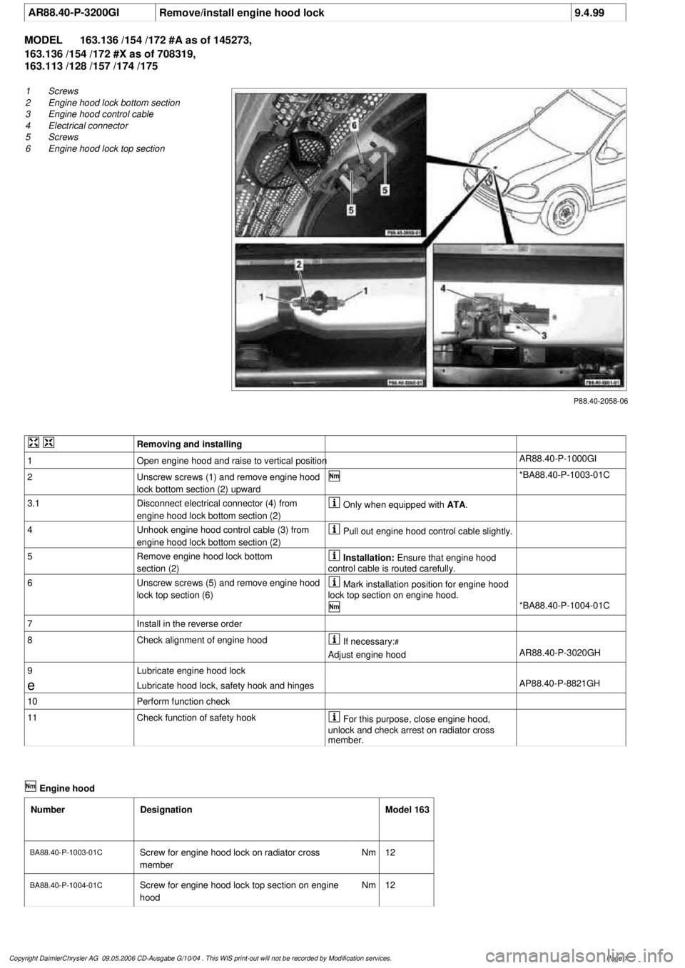 MERCEDES-BENZ ML350 1997 Complete Repair Manual
AR88.40-P-3200GI
Remove/install engine hood lock
9.4.99
MODEL
163.136 /154 /172 #A as of 145273,
163.136 /154 /172 #X as of 708319,
163.113 /128 /157 /174 /175
P88.40-2058-06
1
Screws
2
E MERCEDES-BENZ ML350 1997 Complete Repair Manual
AR88.40-P-3200GI
Remove/install engine hood lock
9.4.99
MODEL
163.136 /154 /172 #A as of 145273,
163.136 /154 /172 #X as of 708319,
163.113 /128 /157 /174 /175
P88.40-2058-06
1
Screws
2
E