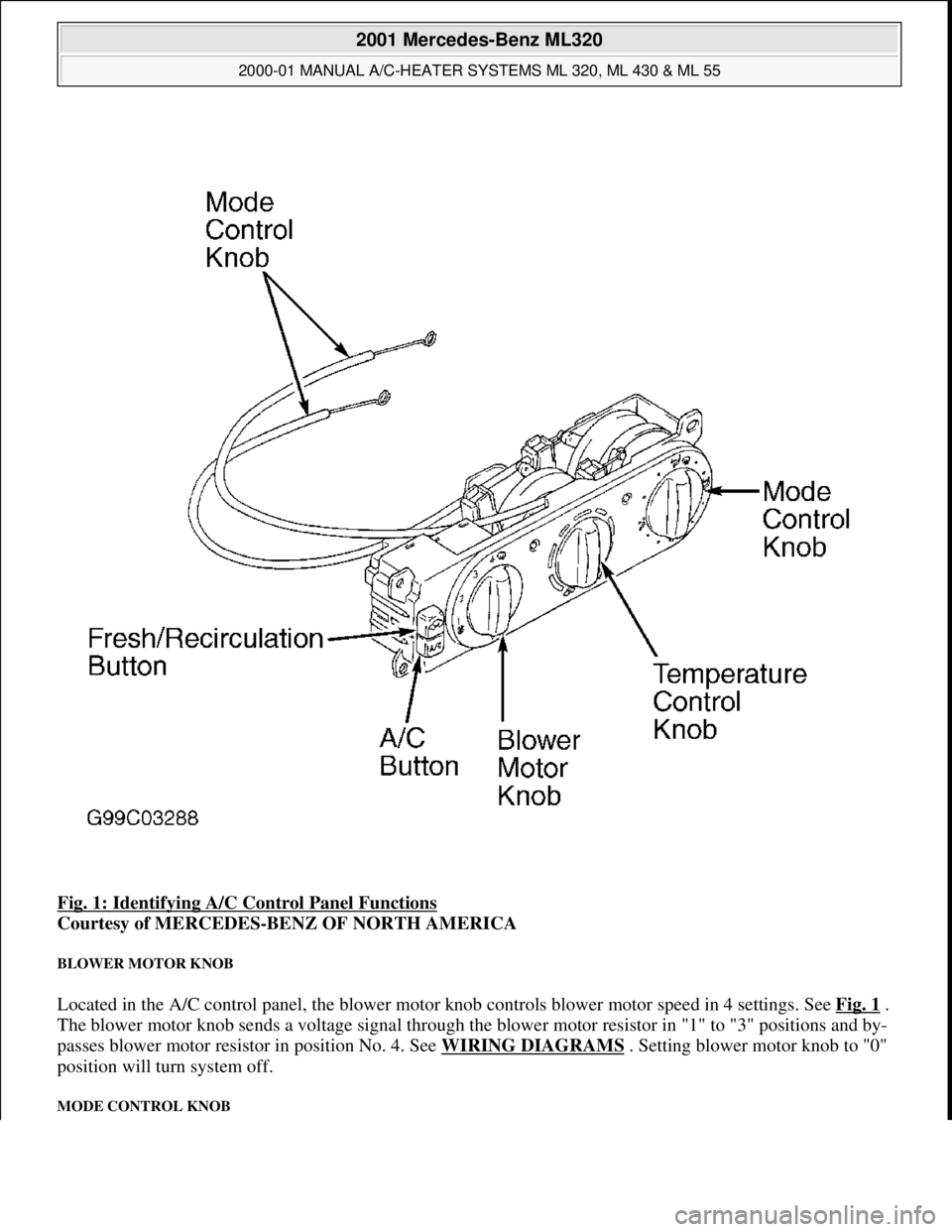 MERCEDES-BENZ ML350 1997 Complete Repair Manual Fig. 1: Identifying A/C Control Panel Functions
Courtesy of MERCEDES-BENZ OF NORTH AMERICA
BLOWER MOTOR KNOB
Located in the A/C control panel, the blower motor knob controls blower motor speed in 4 MERCEDES-BENZ ML350 1997 Complete Repair Manual Fig. 1: Identifying A/C Control Panel Functions
Courtesy of MERCEDES-BENZ OF NORTH AMERICA
BLOWER MOTOR KNOB
Located in the A/C control panel, the blower motor knob controls blower motor speed in 4