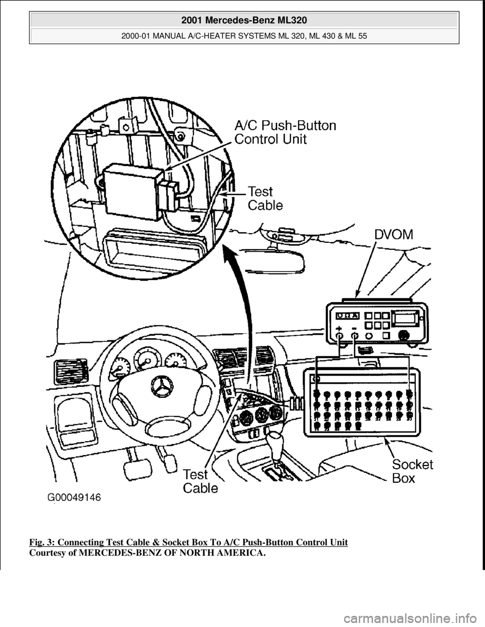 MERCEDES-BENZ ML350 1997 Complete Repair Manual Fig. 3: Connecting Test Cable & Socket Box To A/C Push-Button Control Unit
Courtesy of MERCEDES-BENZ OF NORTH AMERICA.
2001 Mercedes-Benz ML320
2000-01 MANUAL A/C-HEATER SYSTEMS ML 320, ML 430 & MERCEDES-BENZ ML350 1997 Complete Repair Manual Fig. 3: Connecting Test Cable & Socket Box To A/C Push-Button Control Unit
Courtesy of MERCEDES-BENZ OF NORTH AMERICA.
2001 Mercedes-Benz ML320
2000-01 MANUAL A/C-HEATER SYSTEMS ML 320, ML 430 &
