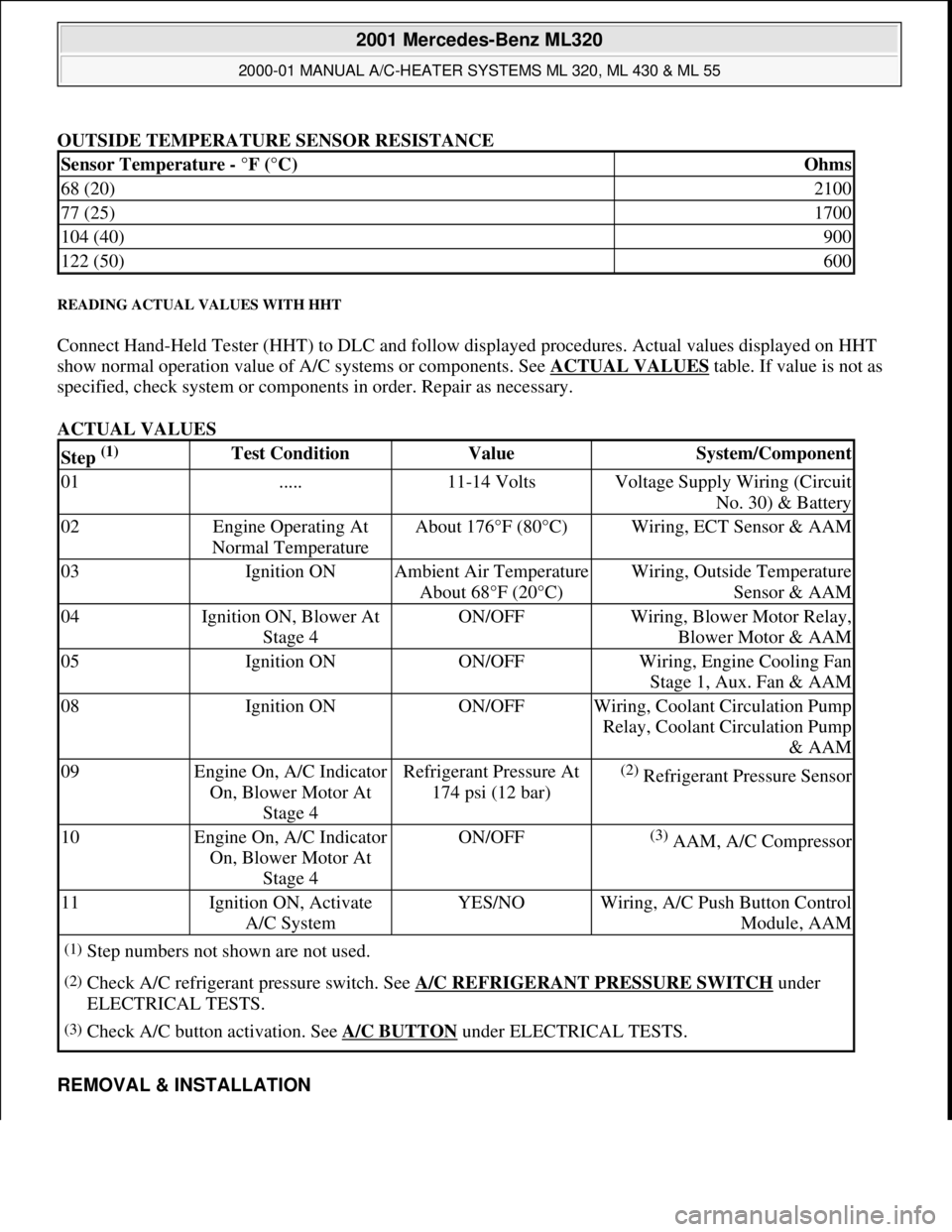 MERCEDES-BENZ ML350 1997 Complete Repair Manual OUTSIDE TEMPERATURE SENSOR RESISTANCE
READING ACTUAL VALUES WITH HHT
Connect Hand-Held Tester (HHT) to DLC and follow displayed procedures. Actual values displayed on HHT
show normal operation value MERCEDES-BENZ ML350 1997 Complete Repair Manual OUTSIDE TEMPERATURE SENSOR RESISTANCE
READING ACTUAL VALUES WITH HHT
Connect Hand-Held Tester (HHT) to DLC and follow displayed procedures. Actual values displayed on HHT
show normal operation value