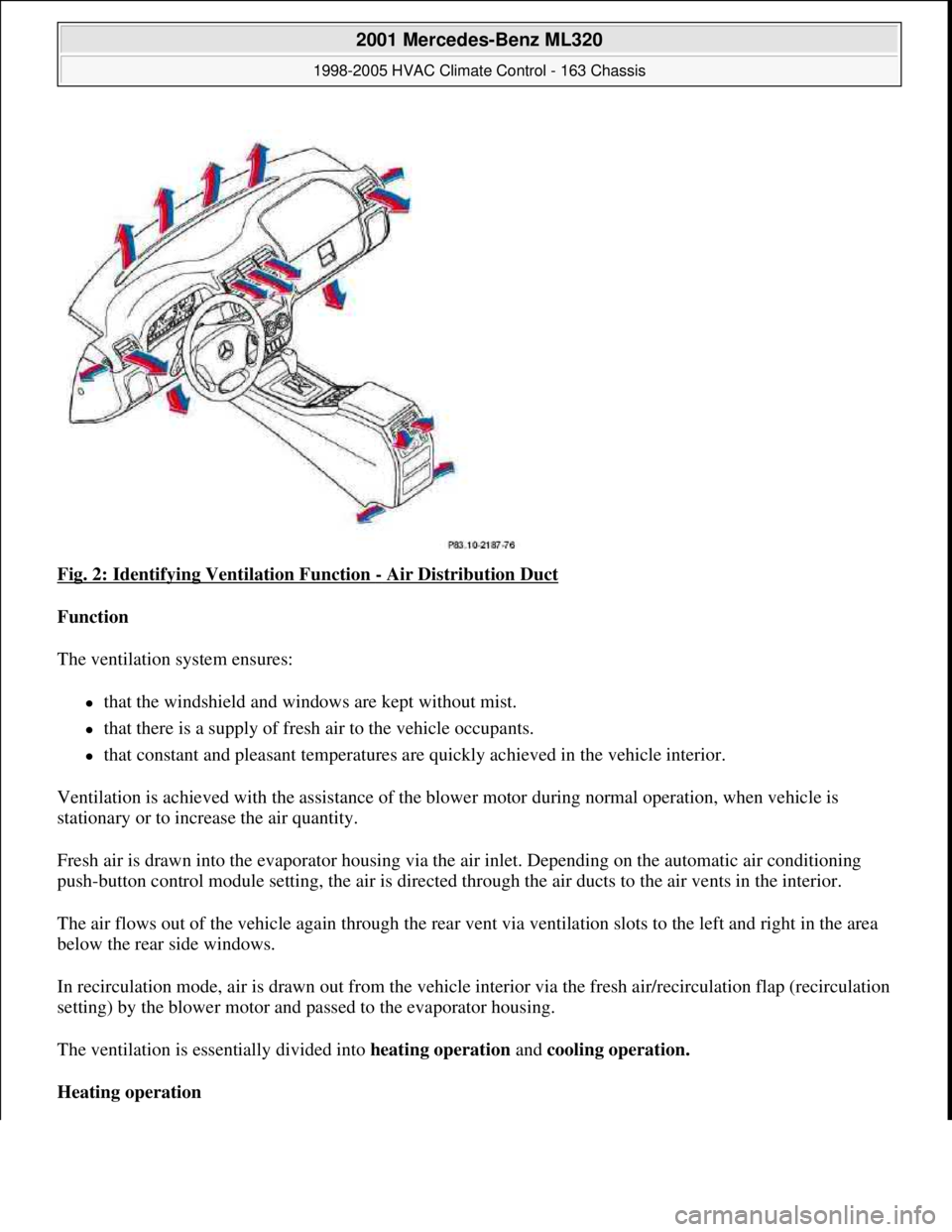 MERCEDES-BENZ ML350 1997 Complete Repair Manual Fig. 2: Identifying Ventilation Function - Air Distribution Duct
Function
The ventilation system ensures:
that the windshield and windows are kept without mist.
that there is a supply of f MERCEDES-BENZ ML350 1997 Complete Repair Manual Fig. 2: Identifying Ventilation Function - Air Distribution Duct
Function
The ventilation system ensures:
that the windshield and windows are kept without mist.
that there is a supply of f