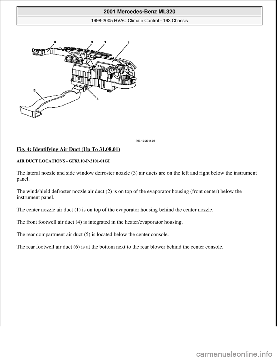 MERCEDES-BENZ ML350 1997 Complete Repair Manual Fig. 4: Identifying Air Duct (Up To 31.08.01)
AIR DUCT LOCATIONS - GF83.10-P-2101-01GI
The lateral nozzle and side window defroster nozzle (3) air ducts are on the left and right below the instrumen MERCEDES-BENZ ML350 1997 Complete Repair Manual Fig. 4: Identifying Air Duct (Up To 31.08.01)
AIR DUCT LOCATIONS - GF83.10-P-2101-01GI
The lateral nozzle and side window defroster nozzle (3) air ducts are on the left and right below the instrumen