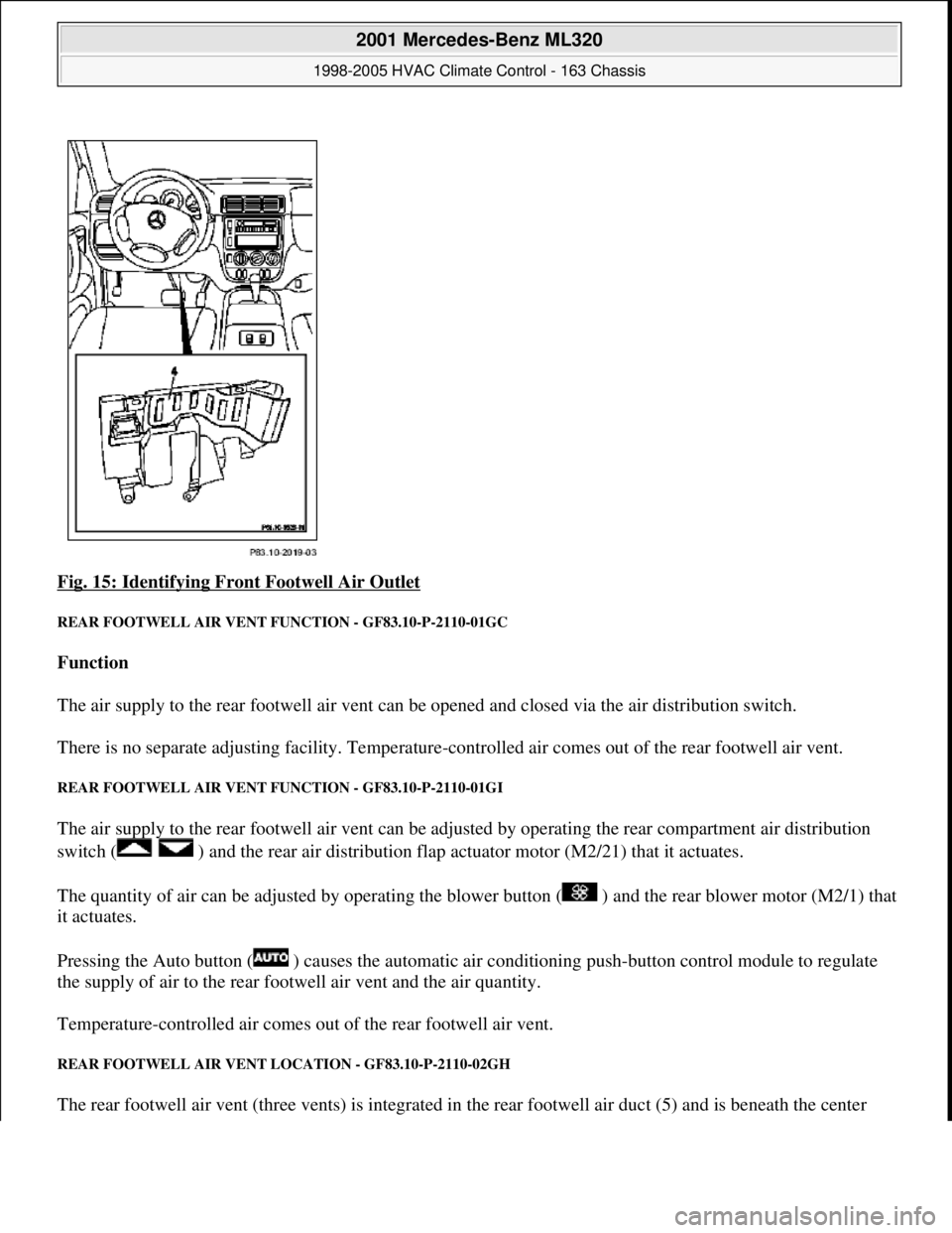 MERCEDES-BENZ ML350 1997 Complete Repair Manual Fig. 15: Identifying Fron t Footwell Air Outlet
REAR FOOTWELL AIR VENT FUNCTION - GF83.10-P-2110-01GC
Function
The air supply to the rear footwell air vent can be opened and closed via the air MERCEDES-BENZ ML350 1997 Complete Repair Manual Fig. 15: Identifying Fron t Footwell Air Outlet
REAR FOOTWELL AIR VENT FUNCTION - GF83.10-P-2110-01GC
Function
The air supply to the rear footwell air vent can be opened and closed via the air