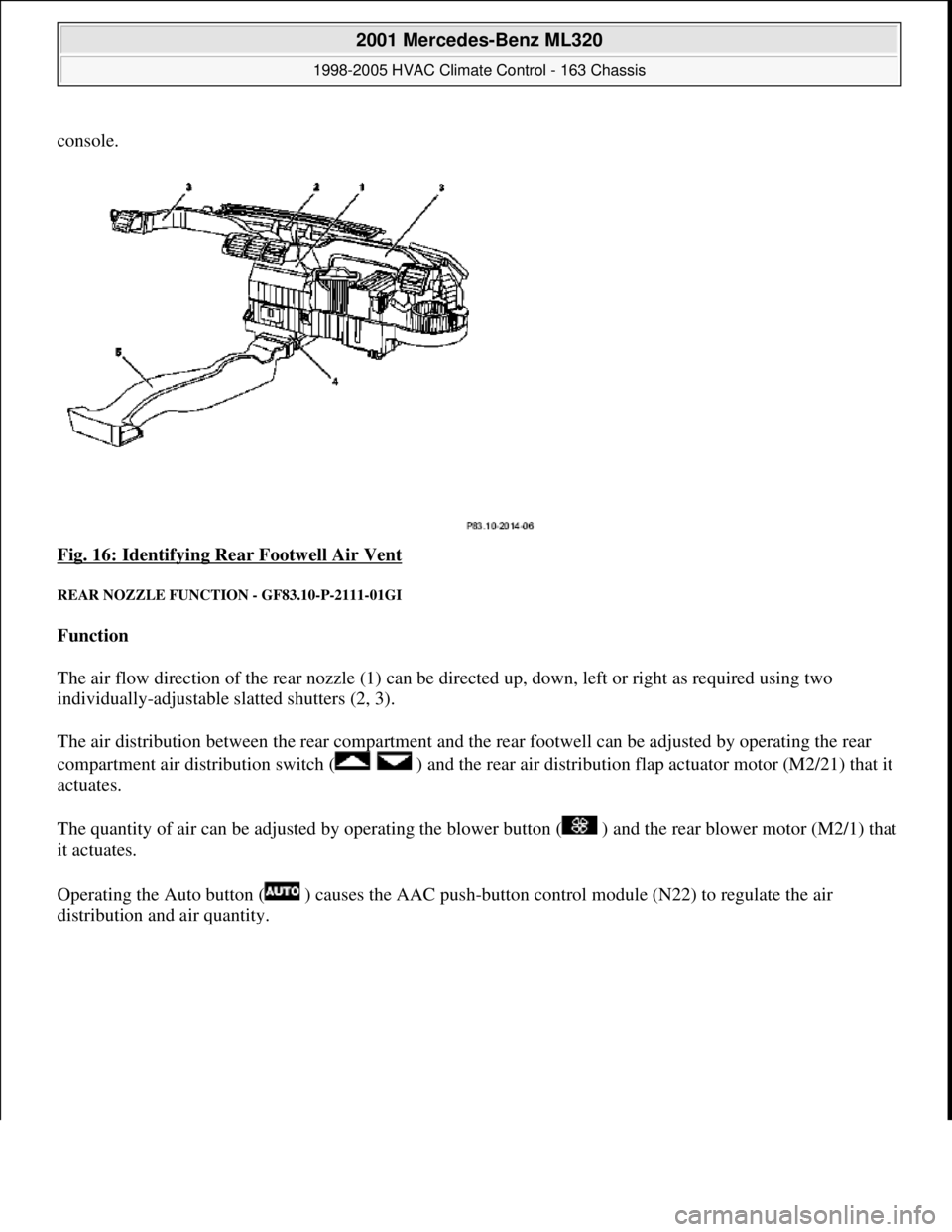 MERCEDES-BENZ ML350 1997 Complete Repair Manual console.
Fig. 16: Identifying Re ar Footwell Air Vent
REAR NOZZLE FUNCTION - GF83.10-P-2111-01GI
Function
The air flow direction of the rear nozzle (1) can be directed up, down, le ft or ri MERCEDES-BENZ ML350 1997 Complete Repair Manual console.
Fig. 16: Identifying Re ar Footwell Air Vent
REAR NOZZLE FUNCTION - GF83.10-P-2111-01GI
Function
The air flow direction of the rear nozzle (1) can be directed up, down, le ft or ri