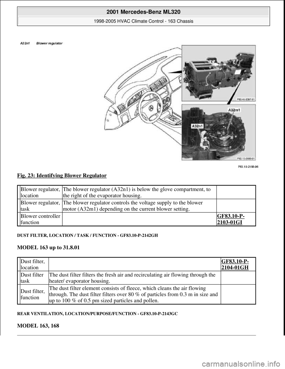 MERCEDES-BENZ ML350 1997 Complete Repair Manual Fig. 23: Identifying Blower Regulator
DUST FILTER, LOCATION / TASK / FUNCTION - GF83.10-P-2142GH
MODEL 163 up to 31.8.01
REAR VENTILATION, LOCATION/PURPOSE/FUNCTION - GF83.10-P-2143GC
MODEL 163, MERCEDES-BENZ ML350 1997 Complete Repair Manual Fig. 23: Identifying Blower Regulator
DUST FILTER, LOCATION / TASK / FUNCTION - GF83.10-P-2142GH
MODEL 163 up to 31.8.01
REAR VENTILATION, LOCATION/PURPOSE/FUNCTION - GF83.10-P-2143GC
MODEL 163,