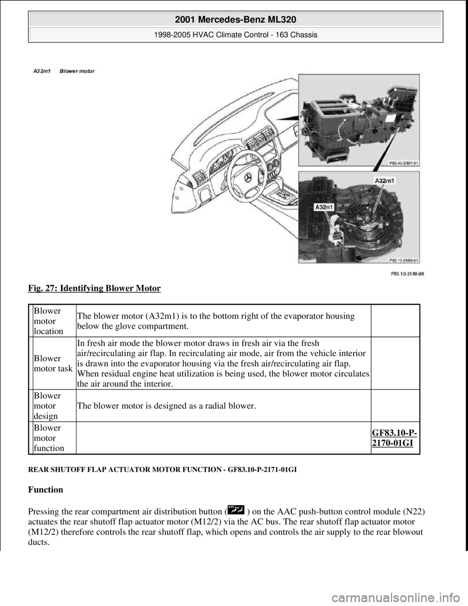 MERCEDES-BENZ ML350 1997 Complete Repair Manual Fig. 27: Identifying Blower Motor
REAR SHUTOFF FLAP ACTUATOR MOTOR FUNCTION - GF83.10-P-2171-01GI
Function
Pressing the rear compartment air distribution button ( ) on the AAC push-button control MERCEDES-BENZ ML350 1997 Complete Repair Manual Fig. 27: Identifying Blower Motor
REAR SHUTOFF FLAP ACTUATOR MOTOR FUNCTION - GF83.10-P-2171-01GI
Function
Pressing the rear compartment air distribution button ( ) on the AAC push-button control