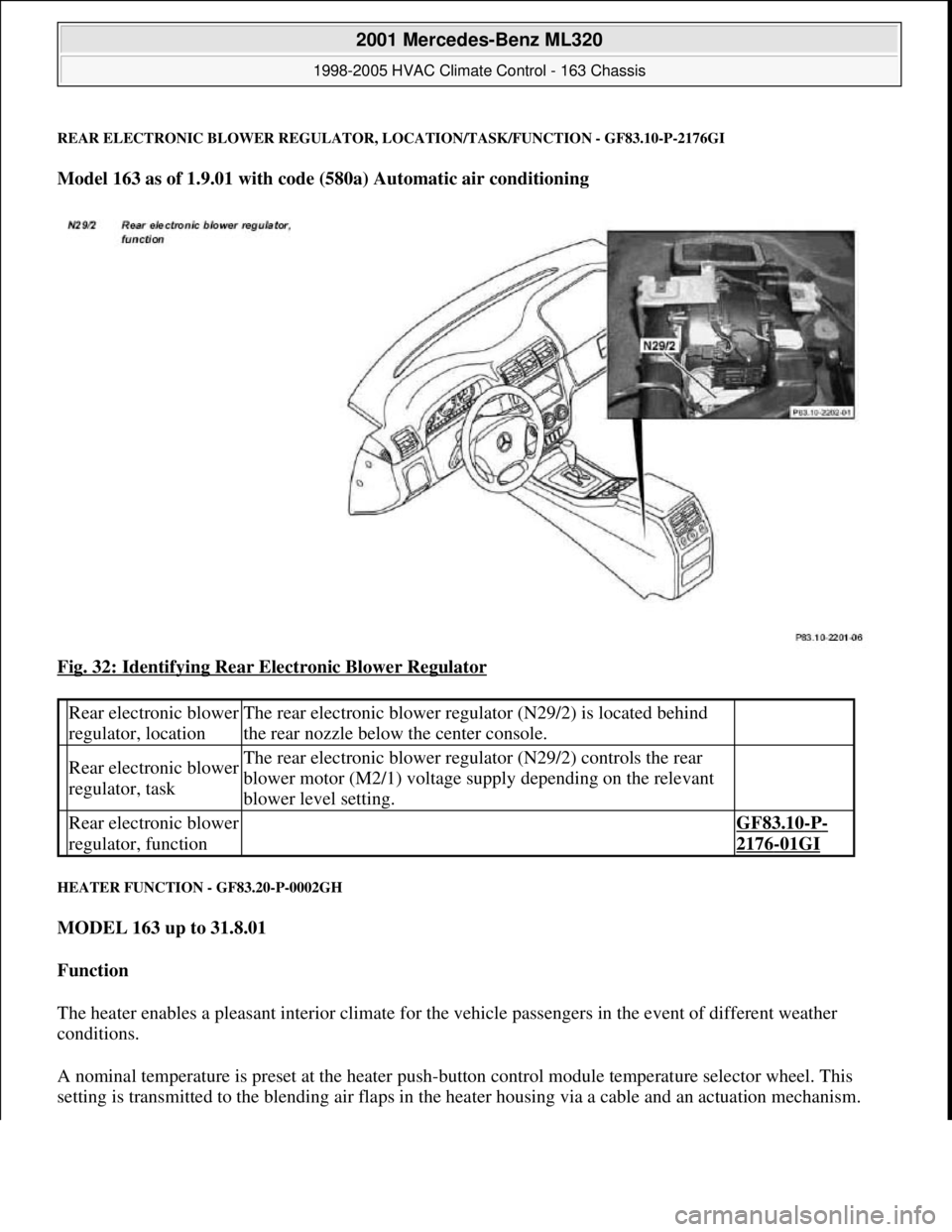 MERCEDES-BENZ ML350 1997 Complete Repair Manual REAR ELECTRONIC BLOWER REGULATOR, LOCATION/TASK/FUNCTION - GF83.10-P-2176GI
Model 163 as of 1.9.01 with code (580a) Automatic air conditioning
Fig. 32: Identifying Rear Electronic Blower Regulator
MERCEDES-BENZ ML350 1997 Complete Repair Manual REAR ELECTRONIC BLOWER REGULATOR, LOCATION/TASK/FUNCTION - GF83.10-P-2176GI
Model 163 as of 1.9.01 with code (580a) Automatic air conditioning
Fig. 32: Identifying Rear Electronic Blower Regulator