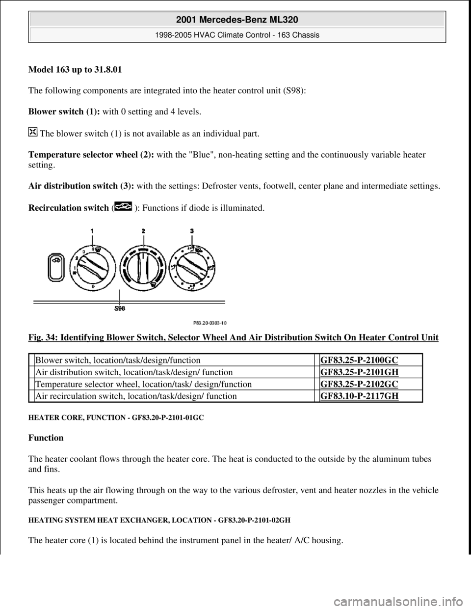 MERCEDES-BENZ ML350 1997 Complete Repair Manual Model 163 up to 31.8.01
The following components are integrated into the heater control unit (S98):
Blower switch (1): with 0 setting and 4 levels.
The blower switch (1) is not availabl MERCEDES-BENZ ML350 1997 Complete Repair Manual Model 163 up to 31.8.01
The following components are integrated into the heater control unit (S98):
Blower switch (1): with 0 setting and 4 levels.
The blower switch (1) is not availabl